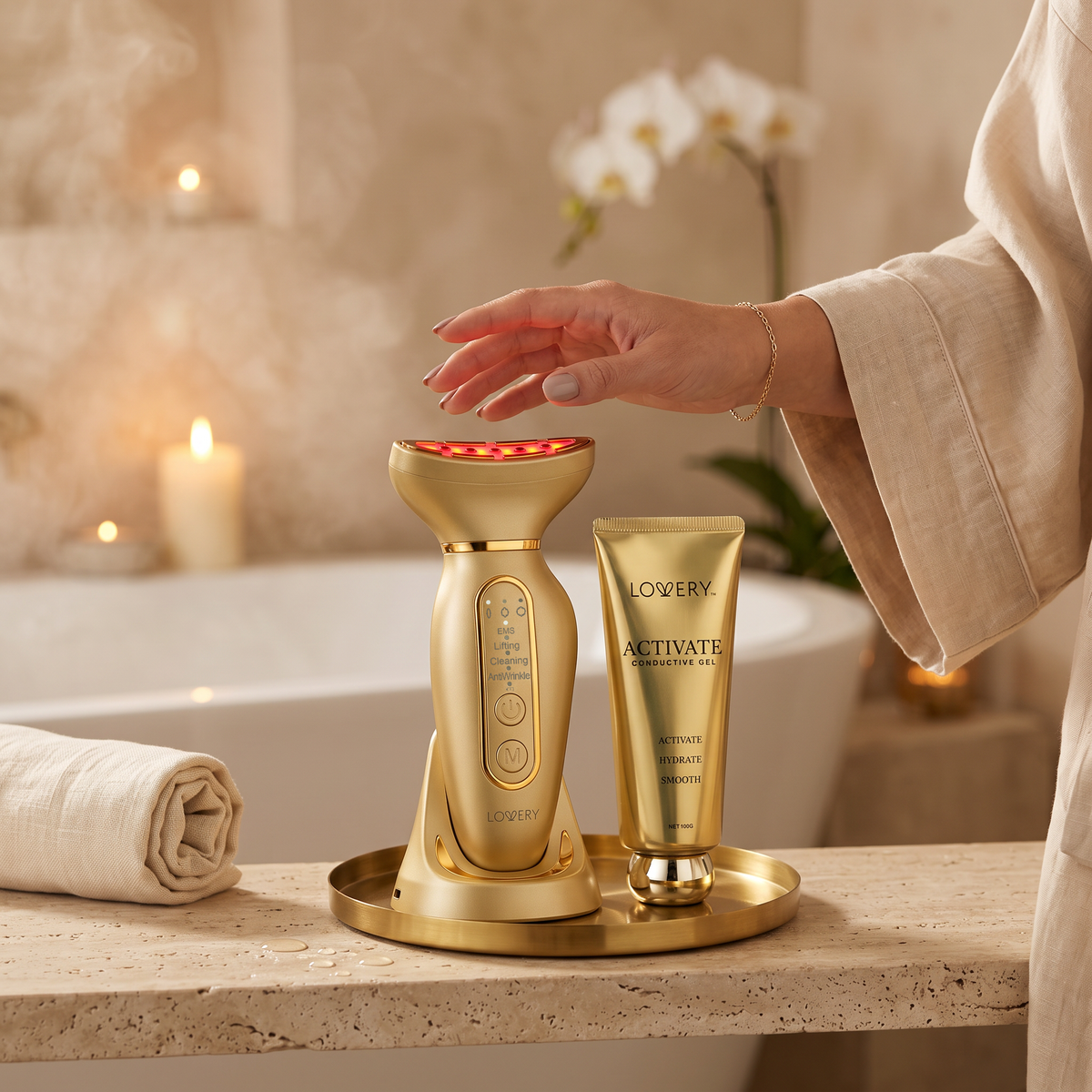 24K Gold 4-in-1 Face & Neck Lifting Device with Red Light Therapy & EMS Microcurrent: LED Anti-Wrinkle Skin Tightening Massager with Activator Gel