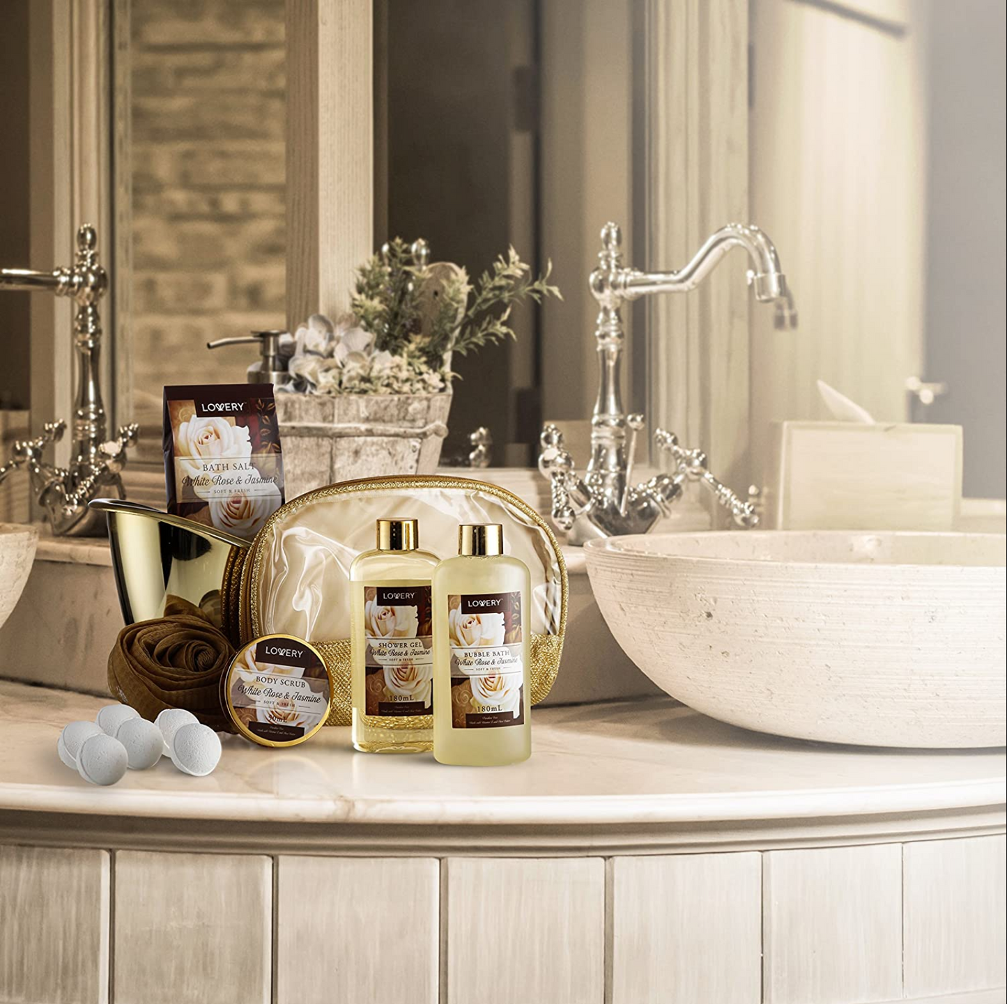 White Rose & Jasmine Set - 16Pc Deluxe Bath and Body Gift Basket