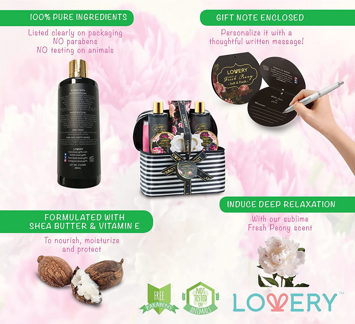 Fresh Peony Spa Gift Basket - 13Pc Deluxe Self Care Cosmetic Bag