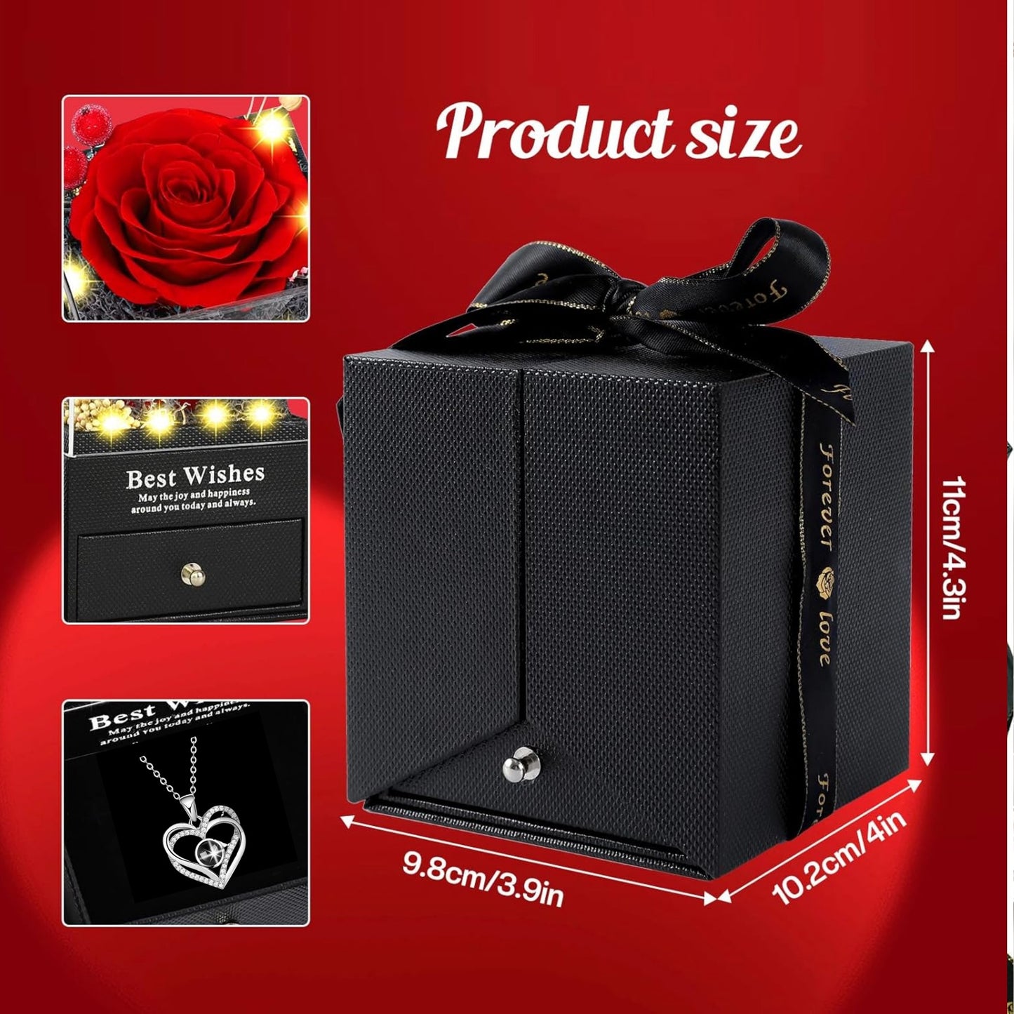 Lovery Preserved Red Rose with LED Lights and Double Heart Necklace - I Love You in 100 Languages, Valentines Day Gift for Her