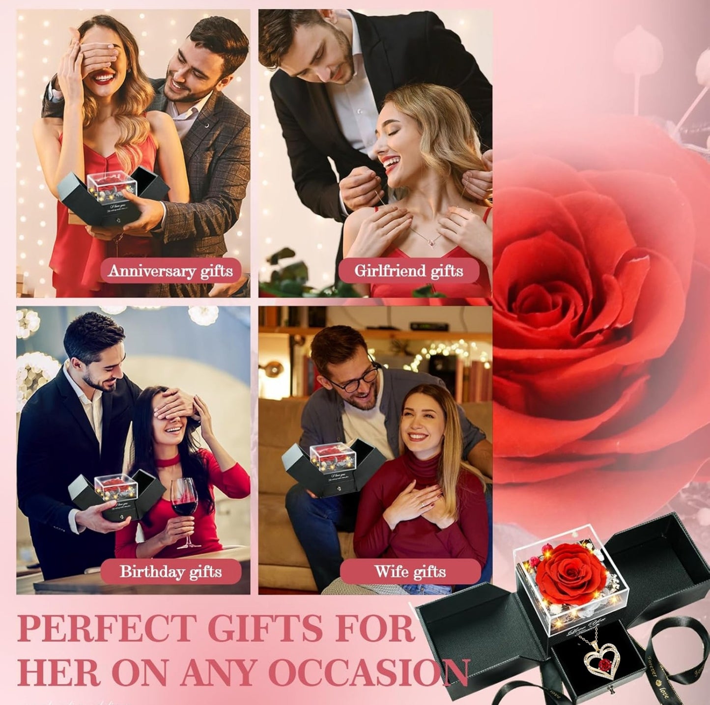 Lovery Preserved Red Rose with LED Lights and 14K Gold Plated Double Heart Ruby Necklace, Valentines Day Gift