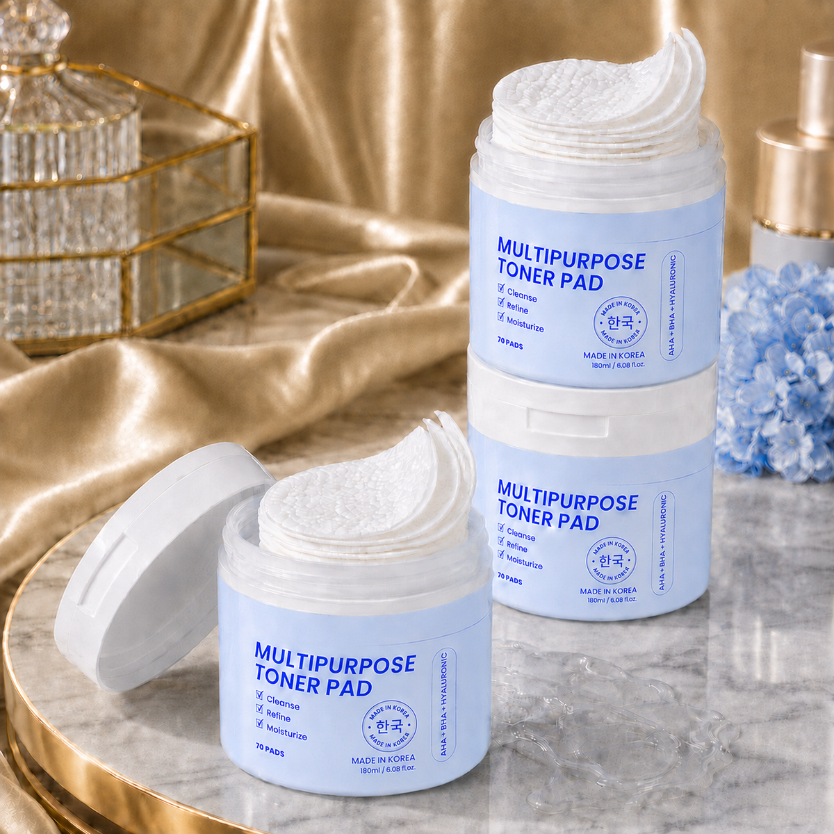 Korean Skin Care Multipurpose Toner Pads with AHA + BHA + Hyaluronic Acid - 70 Resurfacing Toner Pads