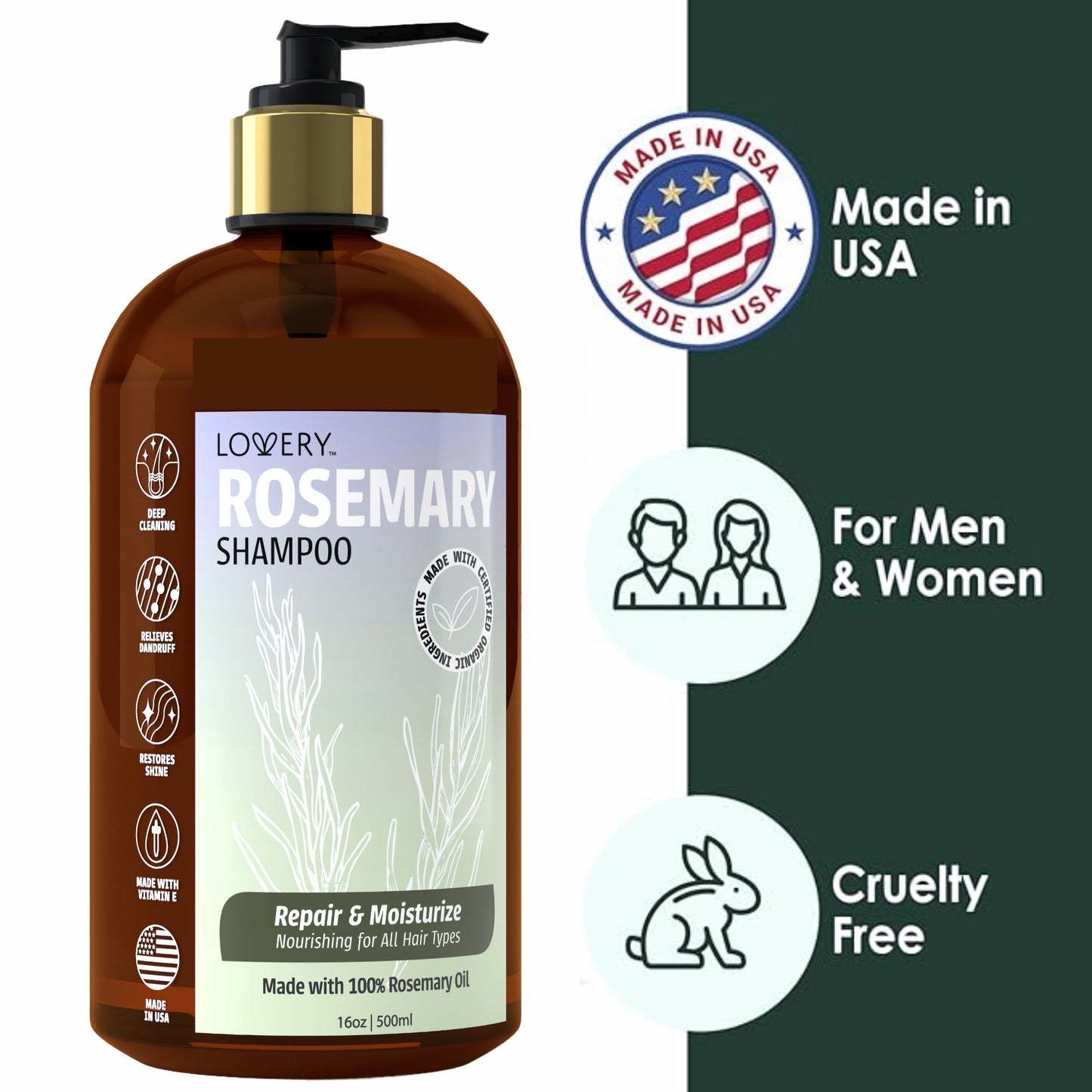Rosemary Shampoo - 16oz Organic Hair Care Made in USA