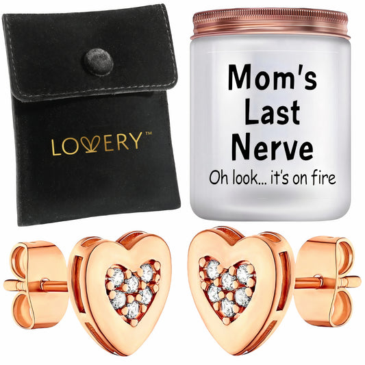 Mothers Day 14K Rose Gold Plated Heart Earring with CZ Stones, Pouch & Soy Candle