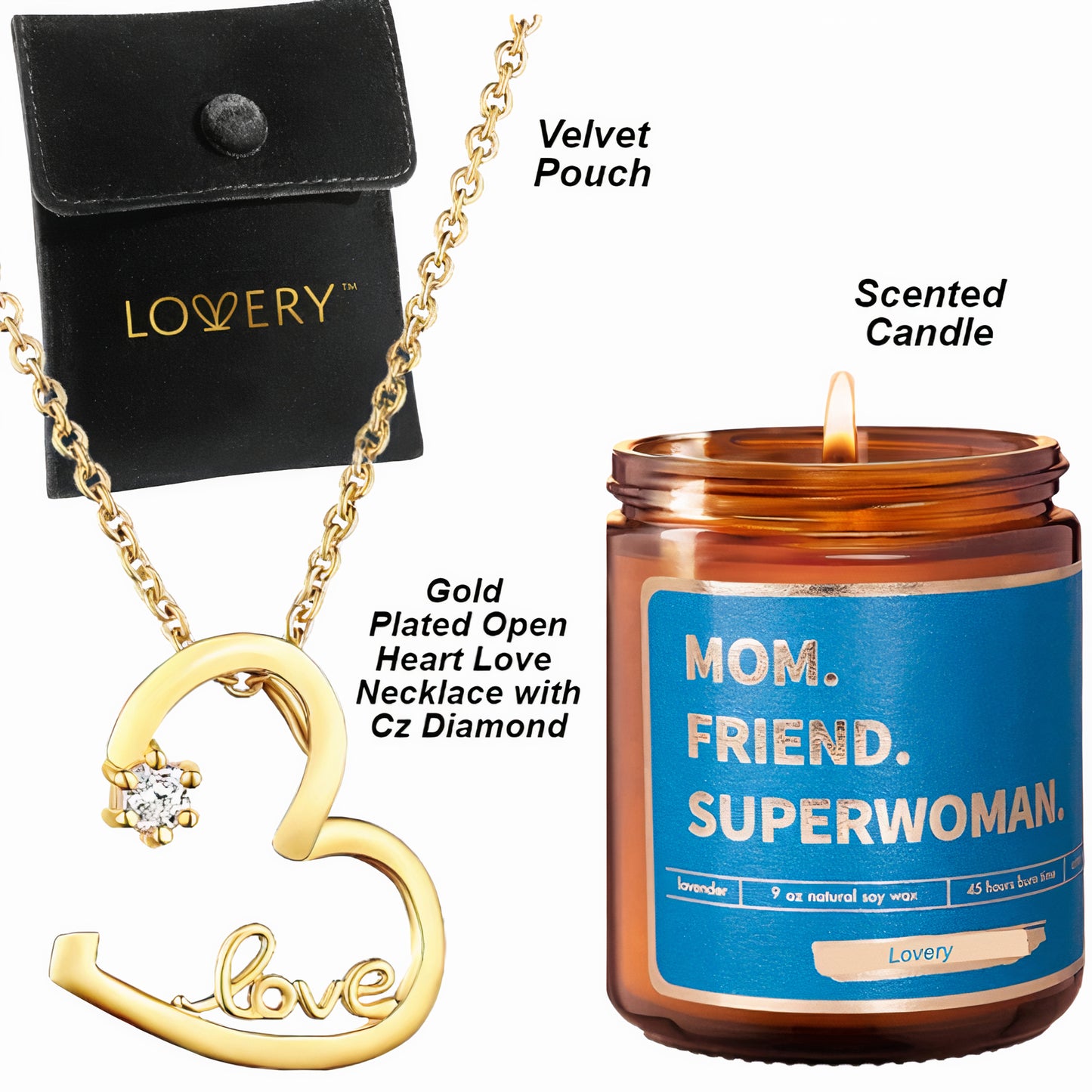 14K Gold Plated Open Heart Pendant Love Necklace with Pouch & Lavender Soy Candle