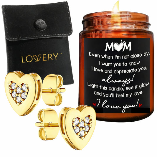 Mothers Day 14K Gold Plated Heart Earring with Pouch & MOM Love Candle