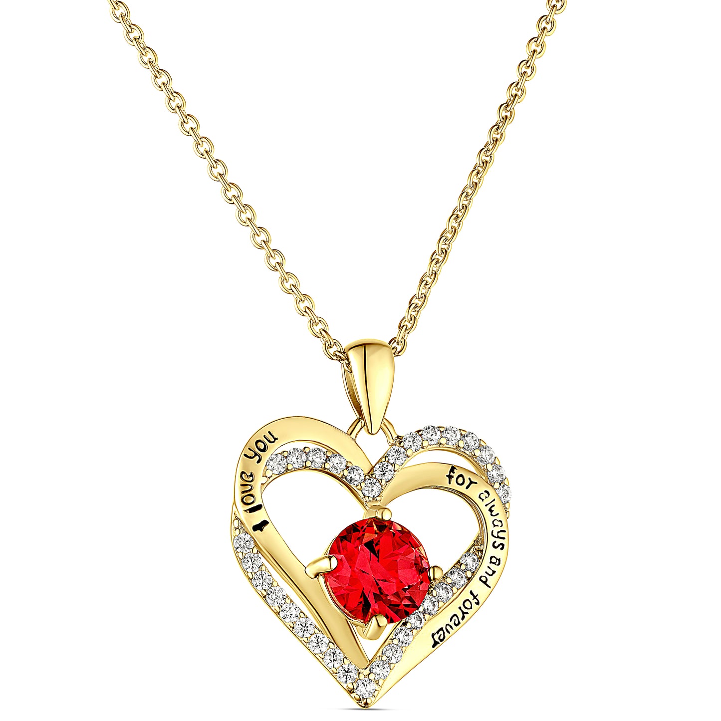 14K Gold Plated Double Heart Ruby & CZ Pendant & Necklace with Pouch, Bath Bomb & Gift Box