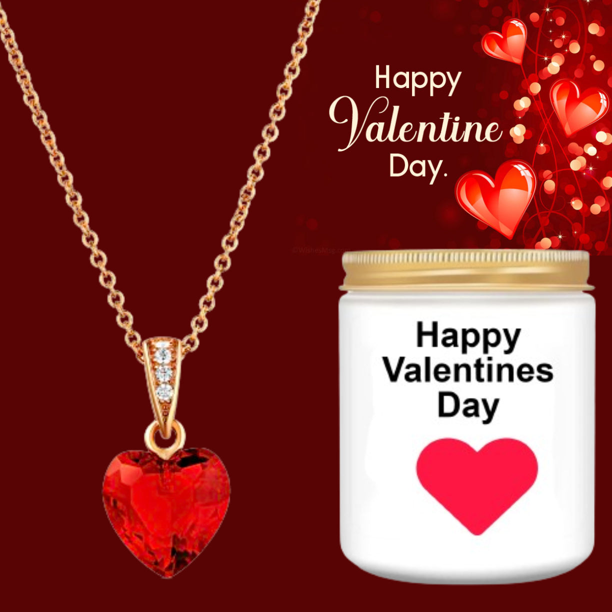 Valentines 14K Gold Plated Ruby Stone Heart Pendant & Necklace Chain with Pouch & Soy Candle