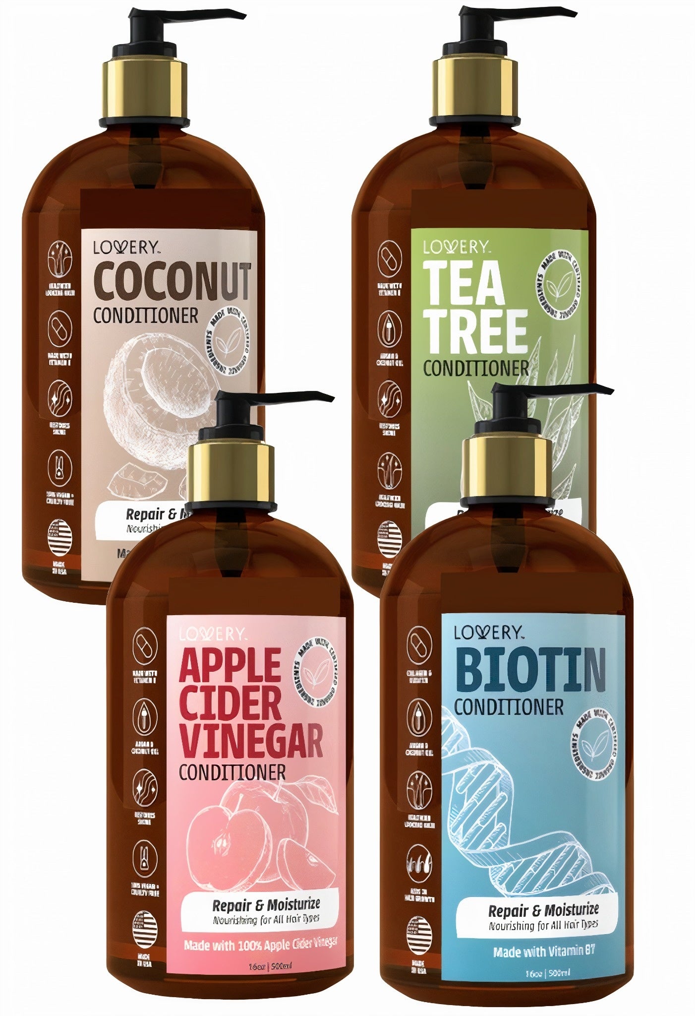 4-Pack Conditioner Set Biotin, Coconut, Apple Cider Vinegar & Tea Tree