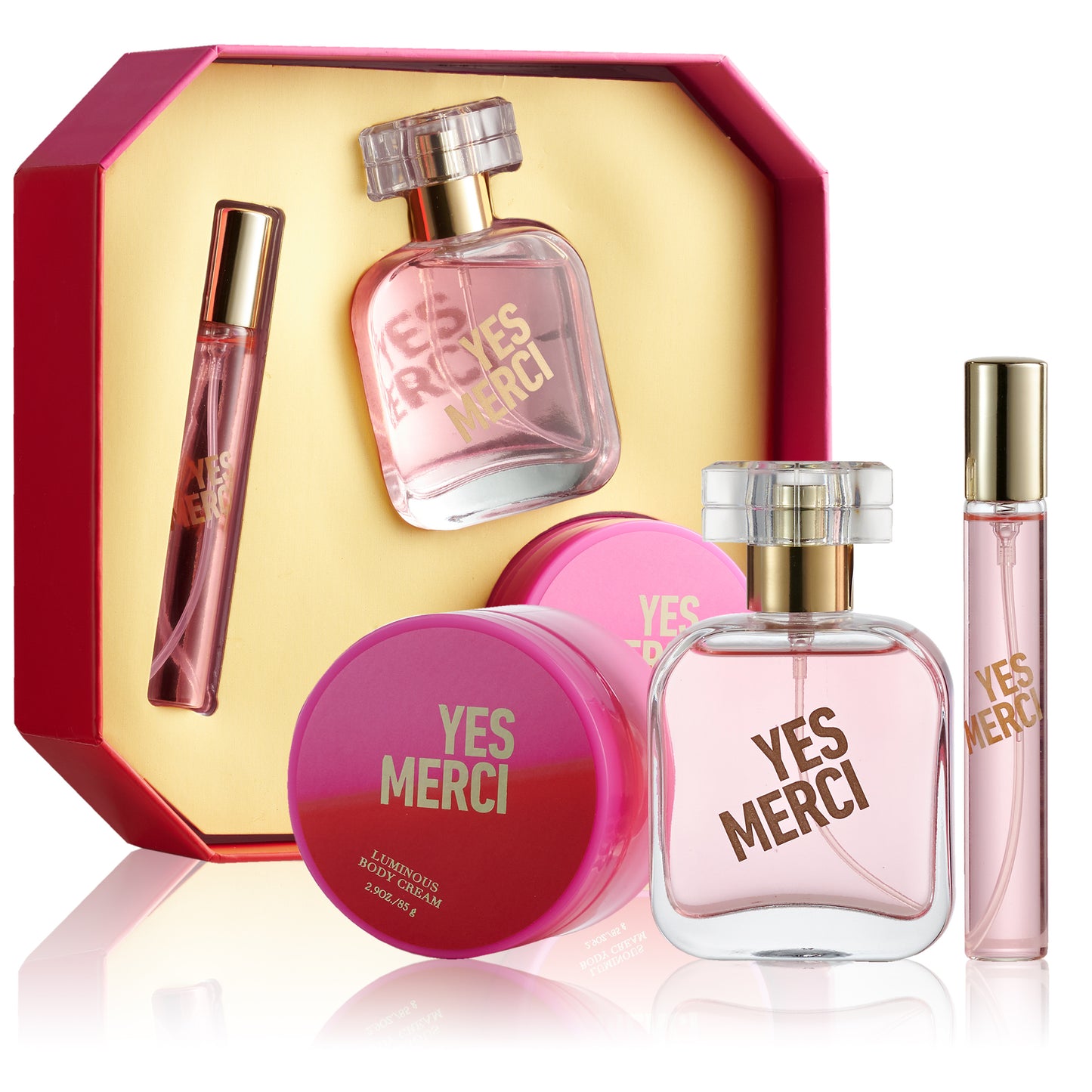 Yes Merci Eau de Parfum gift set with travel spray and luminous body cream