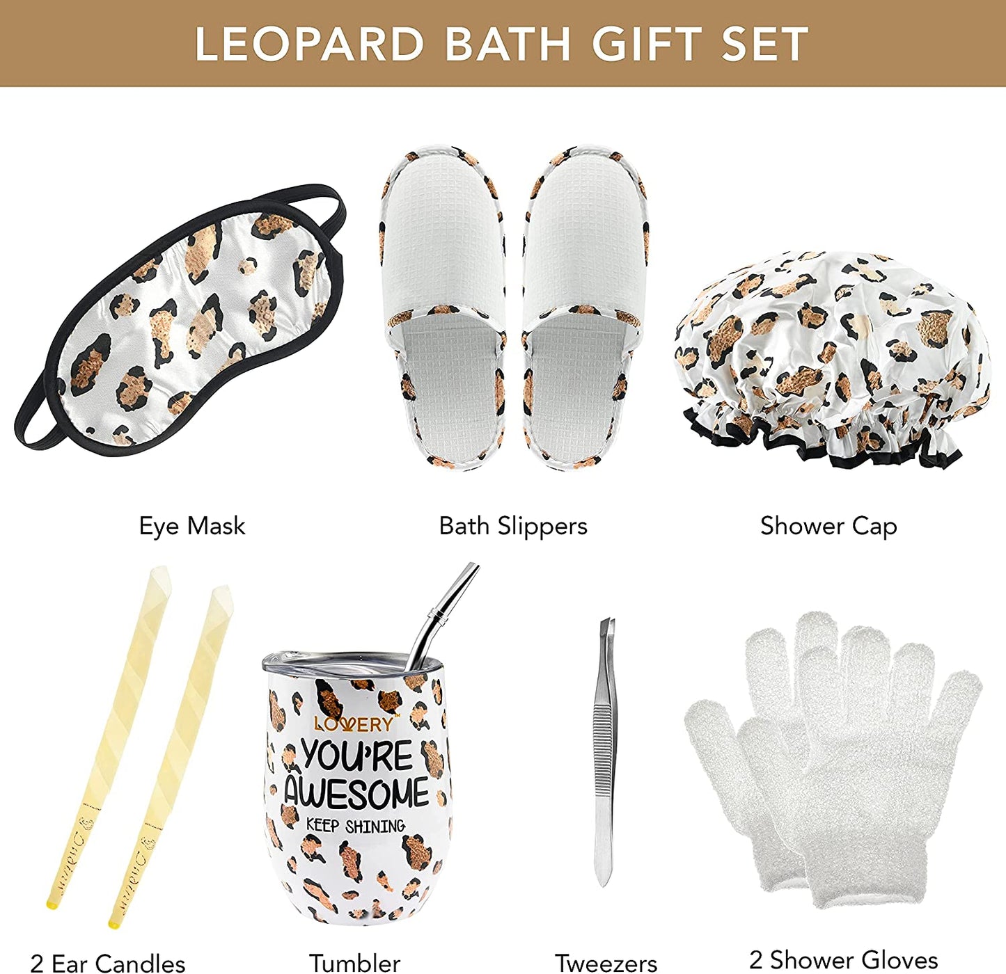 Satin Shower Cap, Satin Eye Mask, Insulated Tumbler, Shower Gloves, Ear Candles, Leopard Gift Set, Leopard Home Bath Kit, Leopard Bath Slippers, Pampering Bath Set, Leopard Gift Basket, Spa Goodies, Shower Essentials