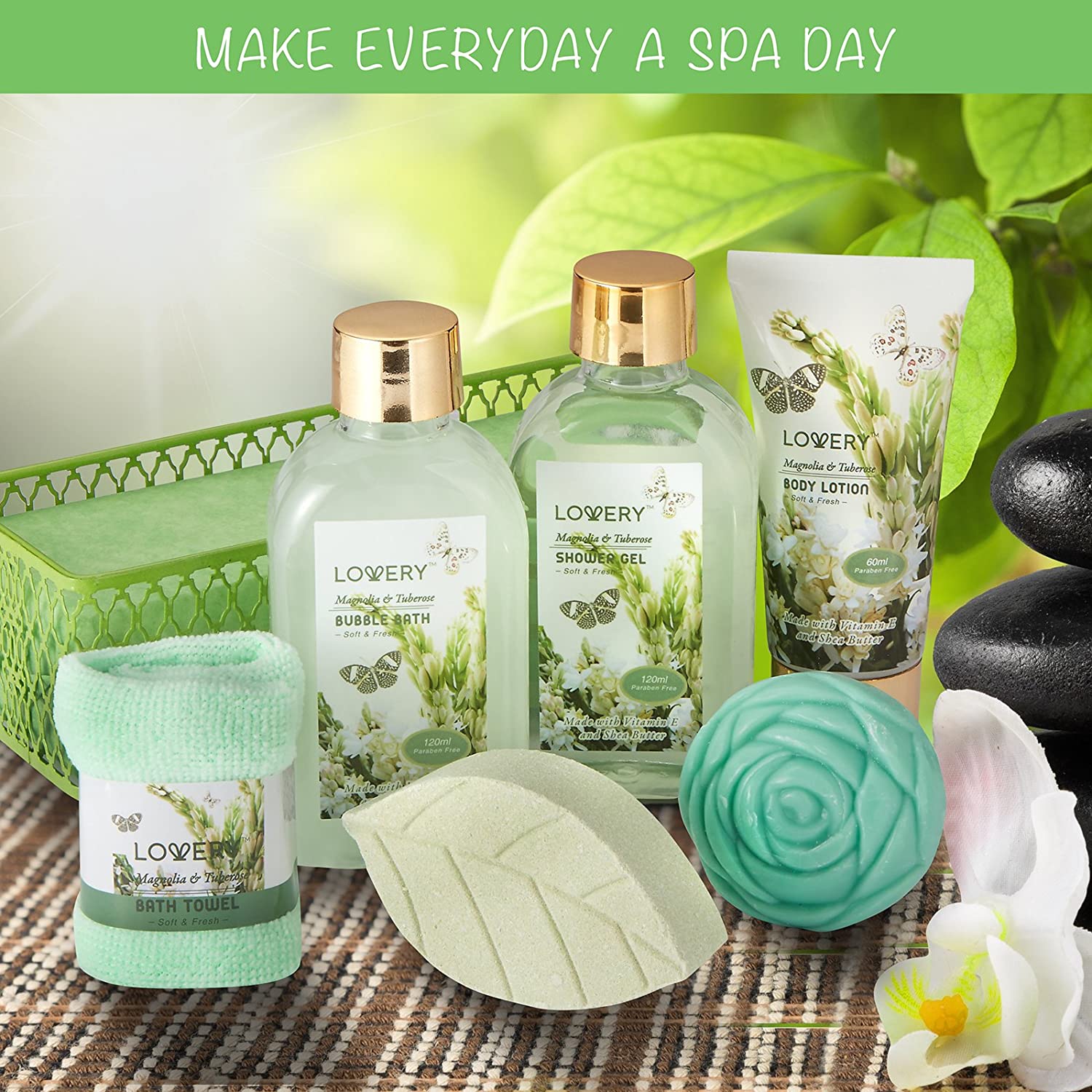 Lovery bath gift set, bath gift set, Magnolia & Tuberose Spa Set, Luxury Body Care Collection, Exquisite Bath Aromas, Soothing Fragrance Essentials, 7-Piece Spa Gift, Travel-Size Spa Kit, Magnolia & Tuberose Beauty, Green Mesh Basket Gift, Paraben-Free Spa Essentials, Cruelty-Free Spa Care