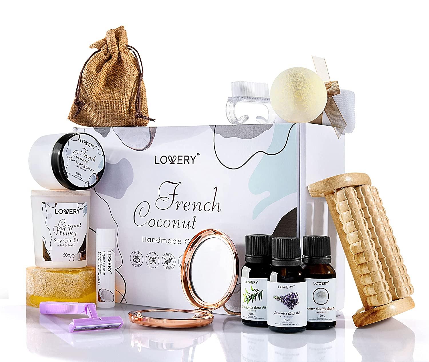 Lovery Valentines Bath Gift Set 20pc French Coconut Aromatherapy Spa Gift Basket for Women & Men Self Care Package Spa Kit Handmade Gif