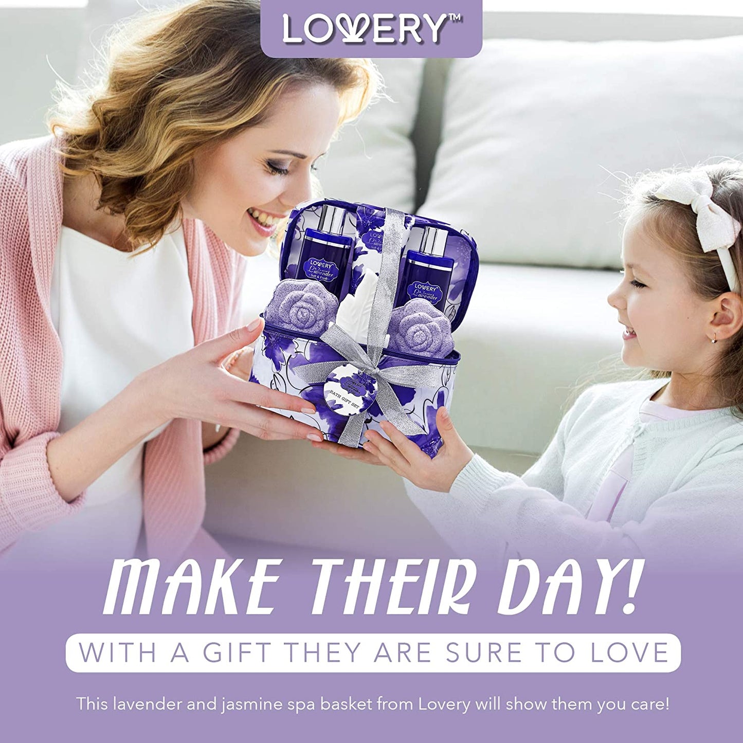 Lovery bath gift set featuring Lavender & Jasmine Spa Set. Luxury Body Care Collection with Exquisite Bath Aromas and Soothing Fragrance Essentials. 9-Piece Spa Gift in a Travel-Size Spa Kit. Lavender & Jasmine Beauty showcased in a Silver Display Bathtub Gift. Paraben-Free Spa Essentials that are also Cruelty-Free Spa Care