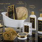 Lovery French Vanilla bath gift set, elegantly packaged body care essentials, Luxurious Black & Gold Design, Soft & Fresh Aroma Products, Premium Bath Bombs and Body Lotion, Decorative Gold Ribbon Detailing, Exquisite Bathing Experience Enhancer, Ideal for Spa-Like Relaxation, Paraben-Free Bath Essentials, Cruelty-Free Body Care Selection, Presented in a Sophisticated White Tub with Gold Accents
