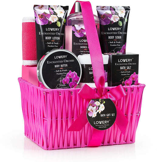 Lovery Enchanted Orchid Gift Basket, Orchid Gift Set, Enchanted Orchid Bath and Body Gift Basket, Orchid Body Kit, Bath and Body Cosmetics, All Natural, Vitamin E, Shea Butter, Self-Care Package, Hydrating Skin Care, Gift Bath Set, Perfect Gift, Spa Set 