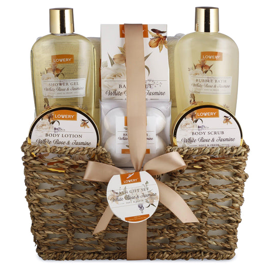 Lovery White Rose & Jasmine Bath Set, White Rose & Jasmine Gift Set, Home Bath Set, Bath Kit, Bath Cosmetics, All Natural, Vitamin E, Shea Butter, Self-Care Package, Hydrating Skin Care, Gift Bath Set, Perfect Gift, Spa Set, Spa Kit