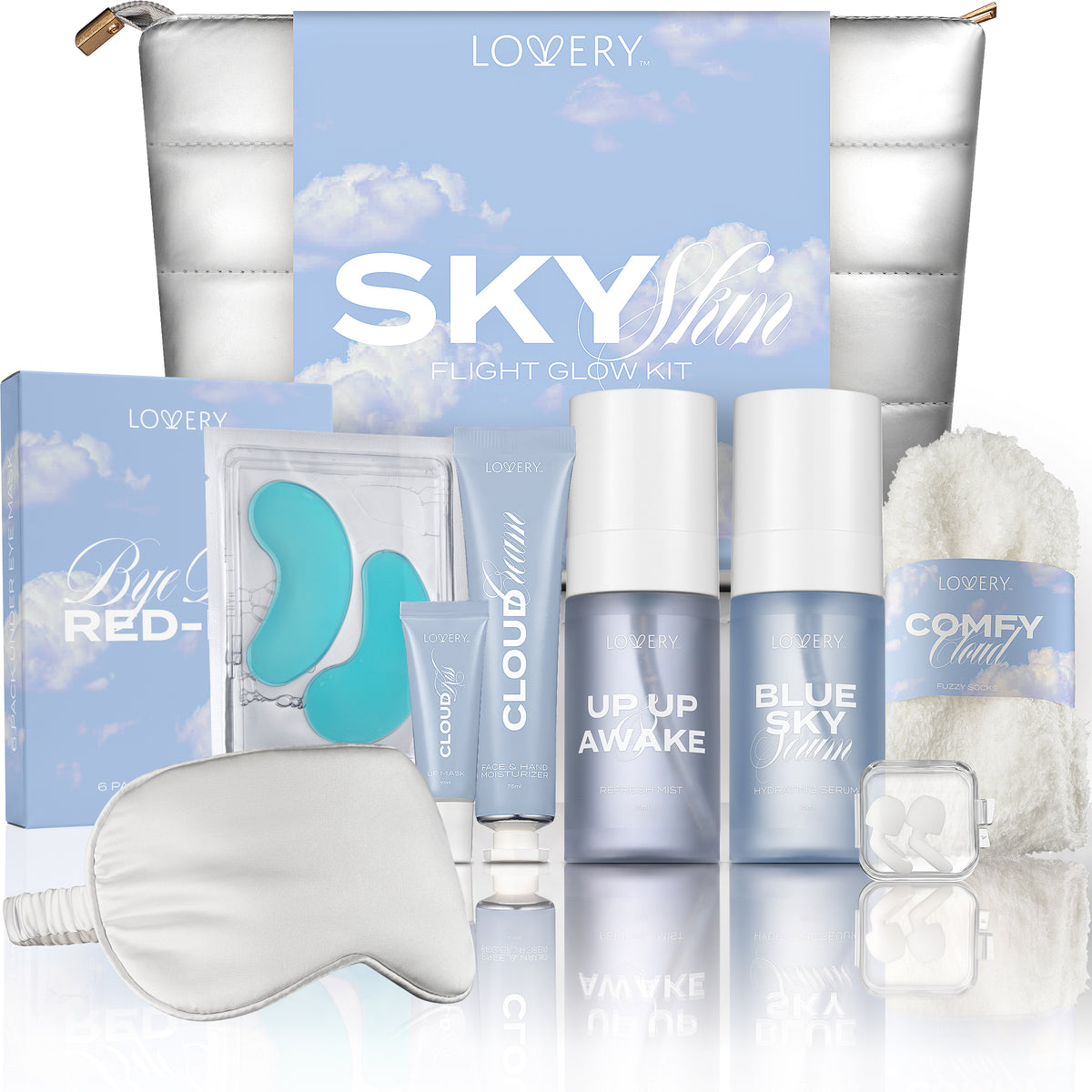 Sky Skin Flight Glow Skincare Travel Kit, 13pc Hydrating Body Care with  Face Mist, Hydrating Serum, Moisturizer, Lip Mask, Under Eye Patches, Sleep Mask, Earplugs, Fuzzy Socks and Travel Bag - Travel Size Skincare Kit & Gift Set