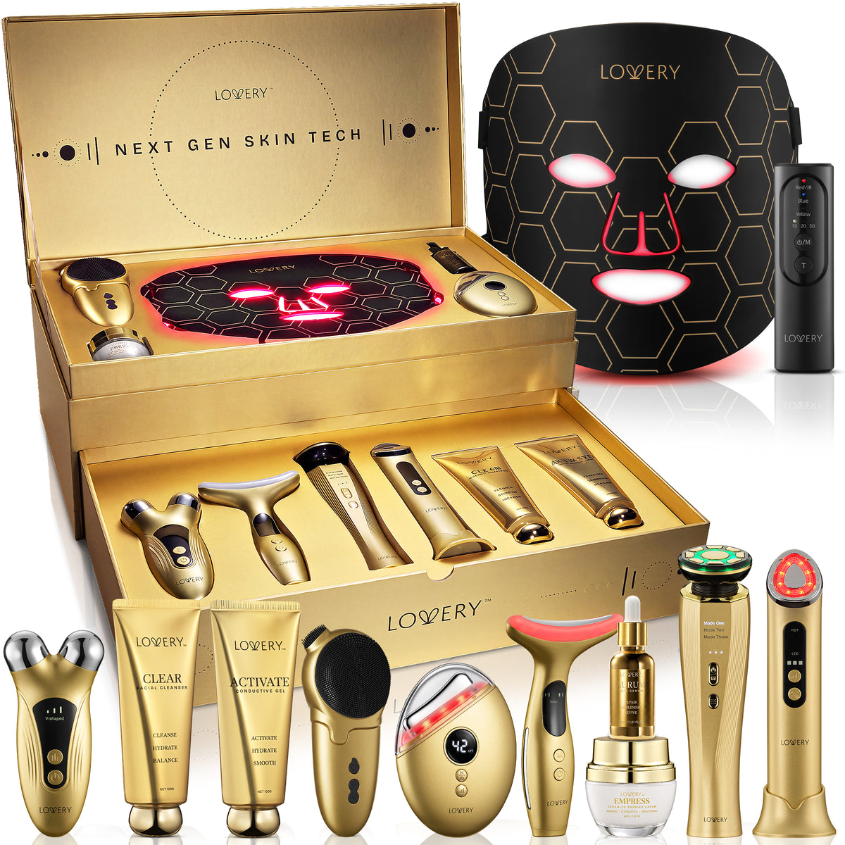 24K Gold 12pc LED Red Light Therapy, EMS & Microcurrent Skincare Tools Tech Device Luxury Gift Set - Face Mask, Heated Gua Sha, Sculptor, Serum & More