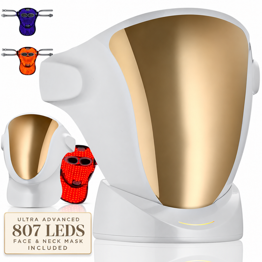 LED Face & Neck Light Therapy Mask: 807 LEDs, Red, Blue & Orange Light for Collagen, Wrinkles & Acne. Cordless Rechargeable Mask with Charging Base