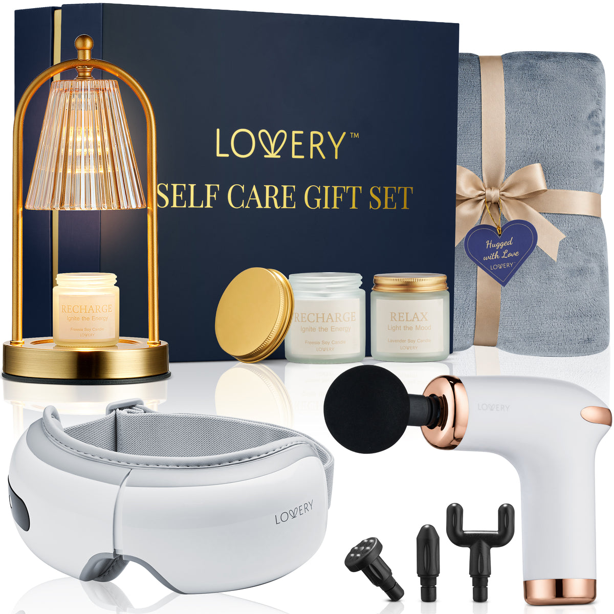 Luxury Self Care Gift Set for Women with Candle Warmer Lamp, 2 Soy Candles, Eye Massager, Massage Gun & Plush Blanket - 11Pc Relaxation Spa Gift Box
