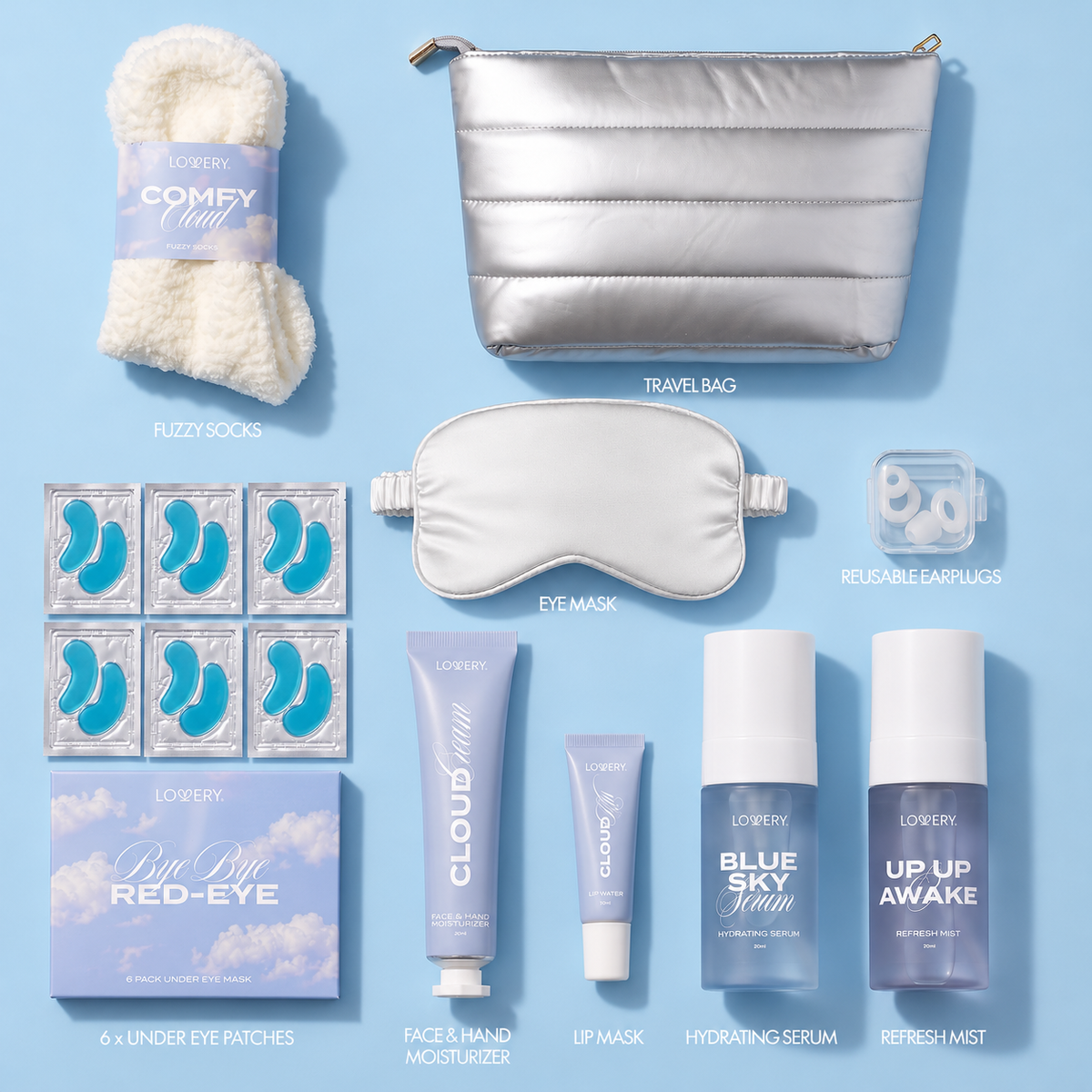 Sky Skin Flight Glow Skincare Travel Kit, 13pc Hydrating Body Care with  Face Mist, Hydrating Serum, Moisturizer, Lip Mask, Under Eye Patches, Sleep Mask, Earplugs, Fuzzy Socks and Travel Bag - Travel Size Skincare Kit & Gift Set
