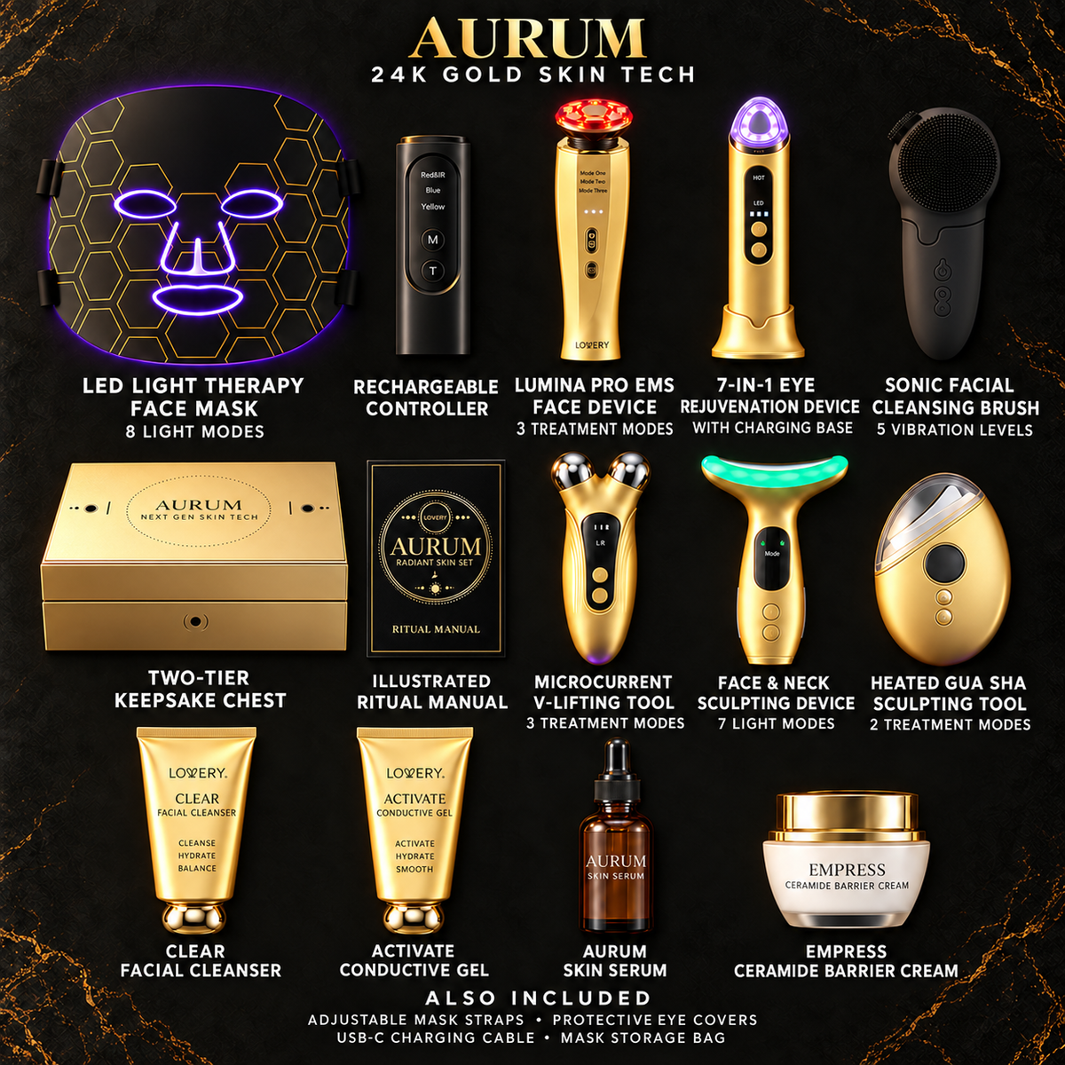 24K Gold 12pc LED Red Light Therapy, EMS & Microcurrent Skincare Tools Tech Device Luxury Gift Set - Face Mask, Heated Gua Sha, Sculptor, Serum & More