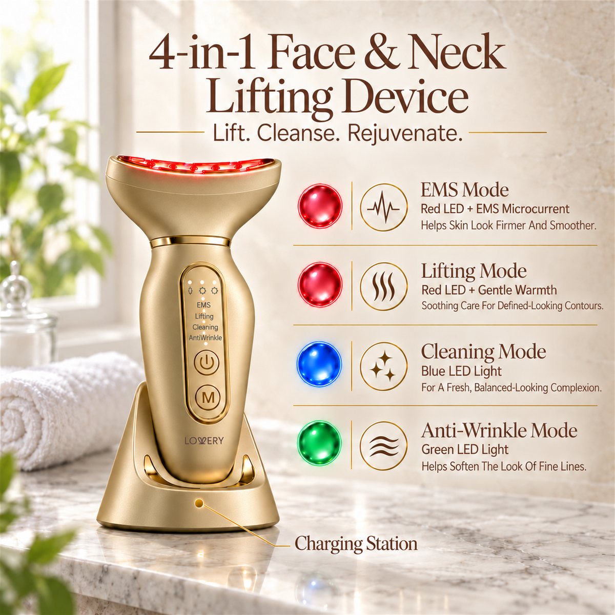 24K Gold 4-in-1 Face & Neck Lifting Device with Red Light Therapy & EMS Microcurrent: LED Anti-Wrinkle Skin Tightening Massager with Activator Gel