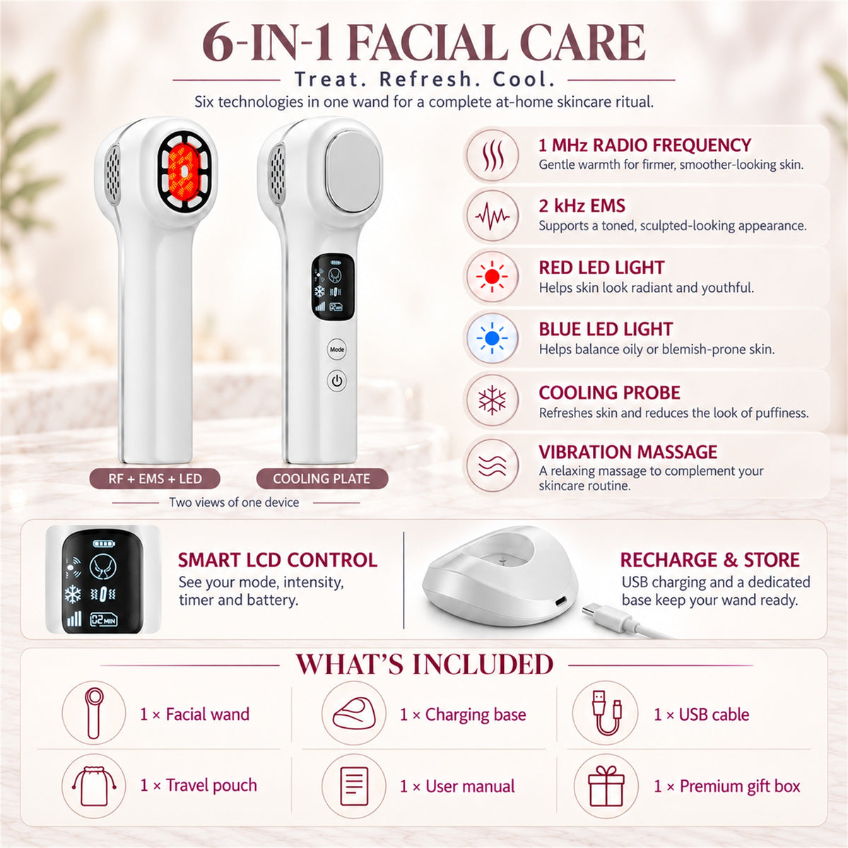 6-in-1 Proffesional RF Collagen Facial Skincare Device with Red & Blue LED Light Therapy, EMS, Cooling & Vibration Massage – Face Lift & Firming Wand