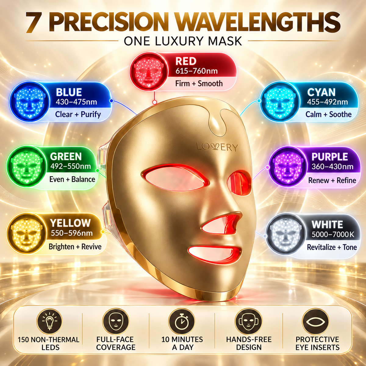 Gold 7-Color LED Light Therapy Facial Mask for Radiant Skin - Luxury Beauty Gift for Women - Hands-Free Skincare Device for Fine Lines & Anti-Wrinkle