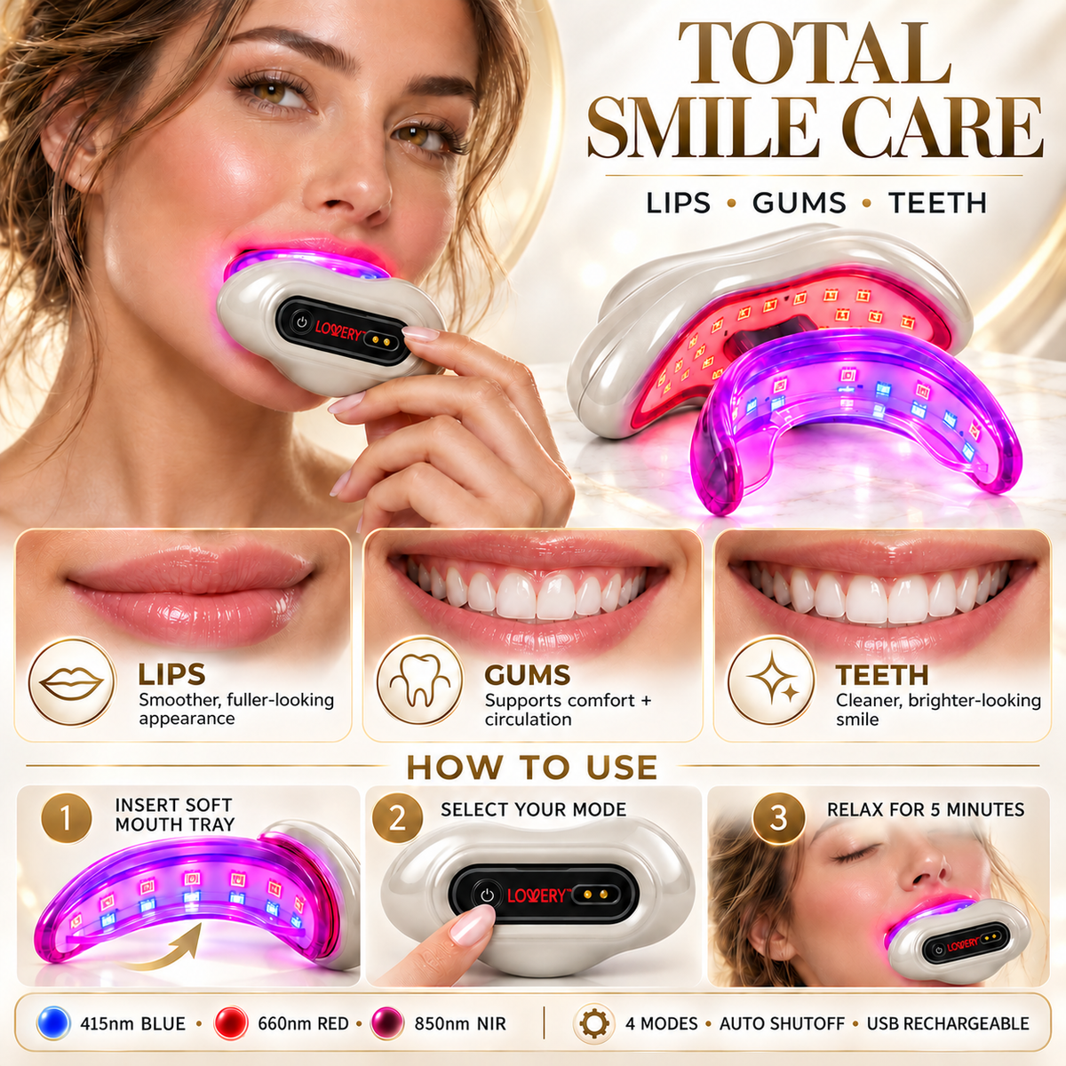 Oral Red Light Therapy Device for Gums, Teeth & Lips, Rechargeable Handheld Near-Infrared 660nm 850nm LED Oral Care with Silicone Mouthpiece, 4 Modes