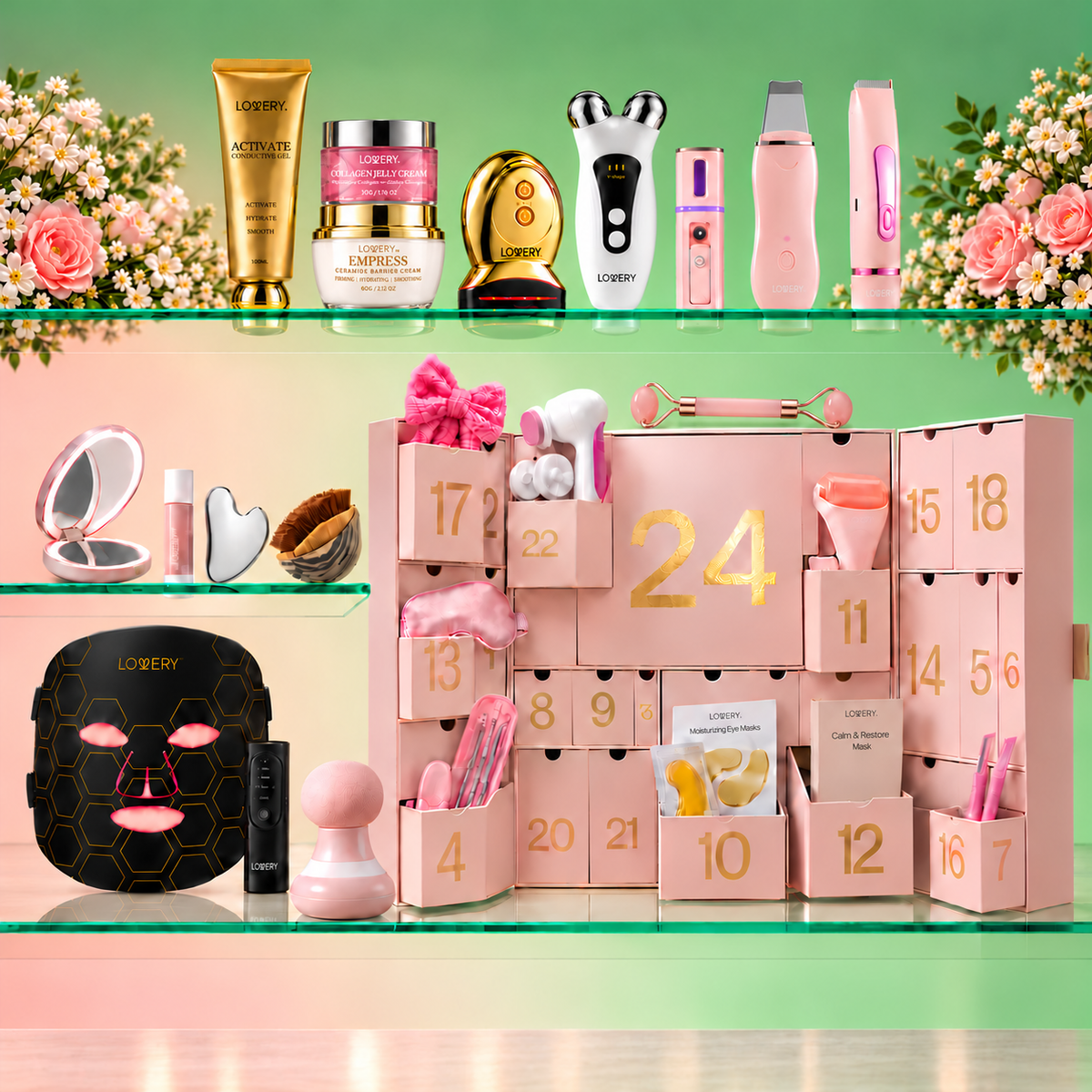 Limited-Edition Advent Calendar 2026 Skincare & Beauty Luxury Gift Set, 24pc Body Care Gift for Women with Red Light Therapy Mask, Massage Gun & More