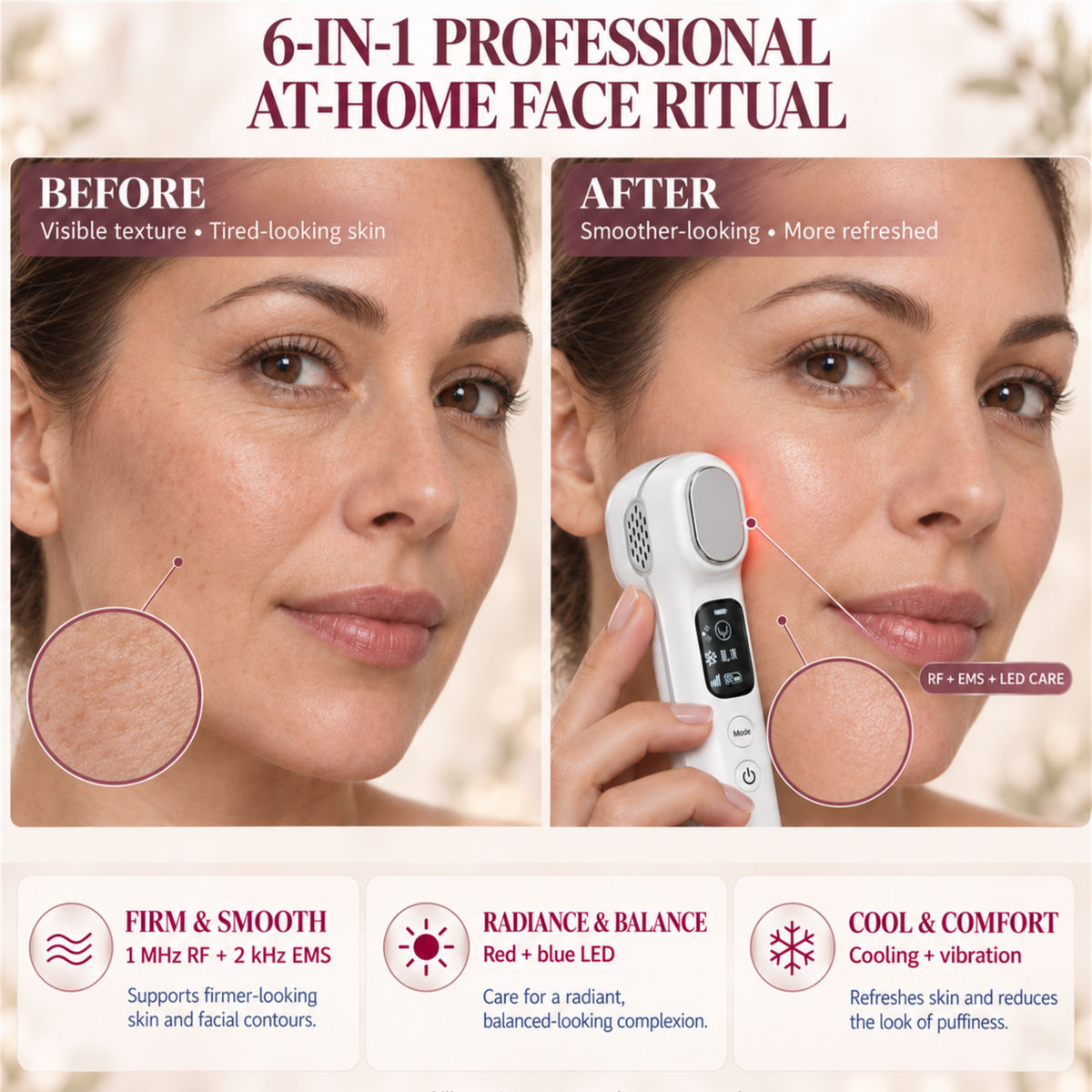 6-in-1 Proffesional RF Collagen Facial Skincare Device with Red & Blue LED Light Therapy, EMS, Cooling & Vibration Massage – Face Lift & Firming Wand
