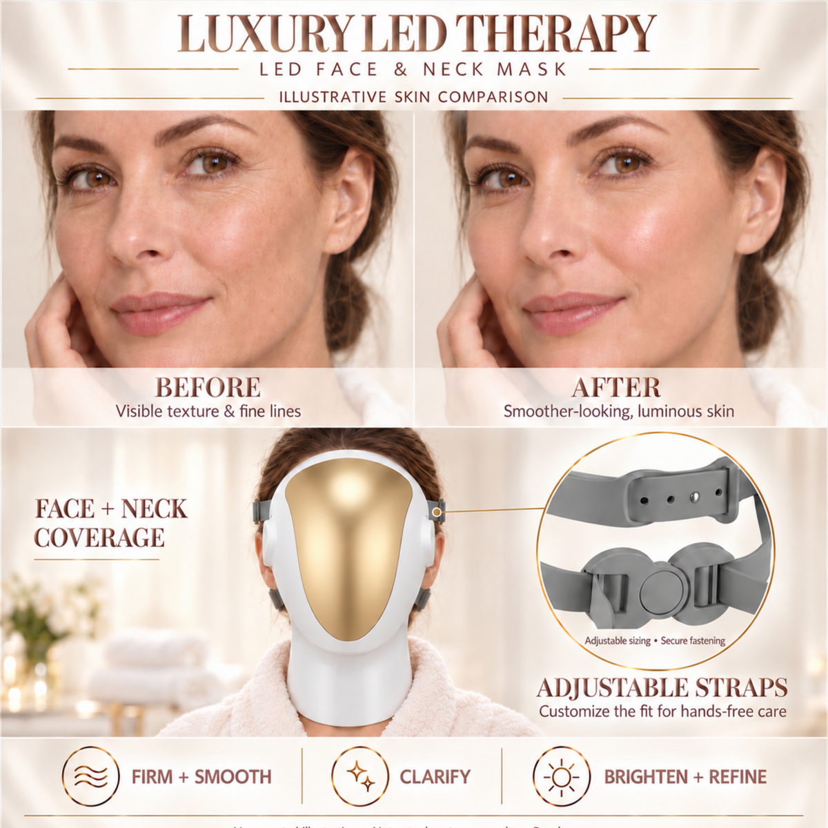 LED Face & Neck Light Therapy Mask: 807 LEDs, Red, Blue & Orange Light for Collagen, Wrinkles & Acne. Cordless Rechargeable Mask with Charging Base