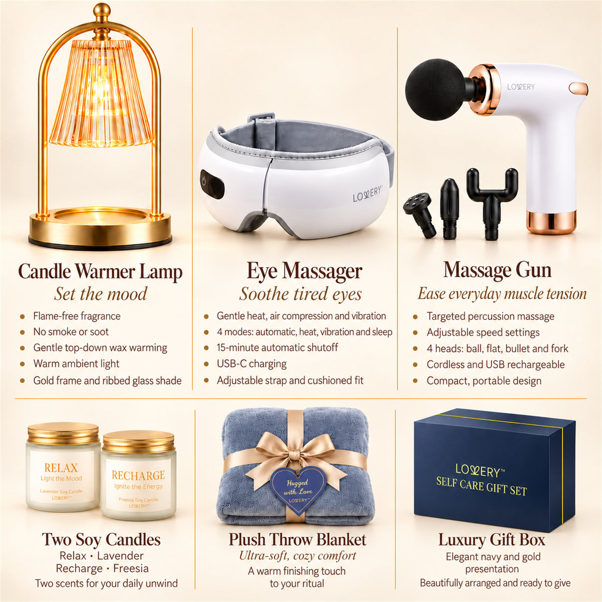 Luxury Self Care Gift Set for Women with Candle Warmer Lamp, 2 Soy Candles, Eye Massager, Massage Gun & Plush Blanket - 11Pc Relaxation Spa Gift Box