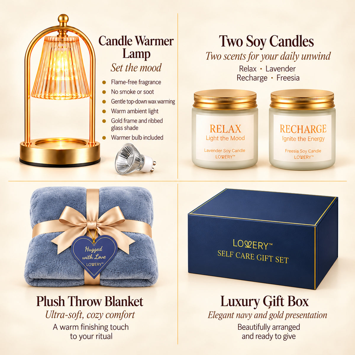 Luxury Self Care Gift Set for Women with Candle Warmer Lamp, 2 Lavender and Freesia Soy Candles & Plush Throw Blanket - Relaxation Spa Gift Box