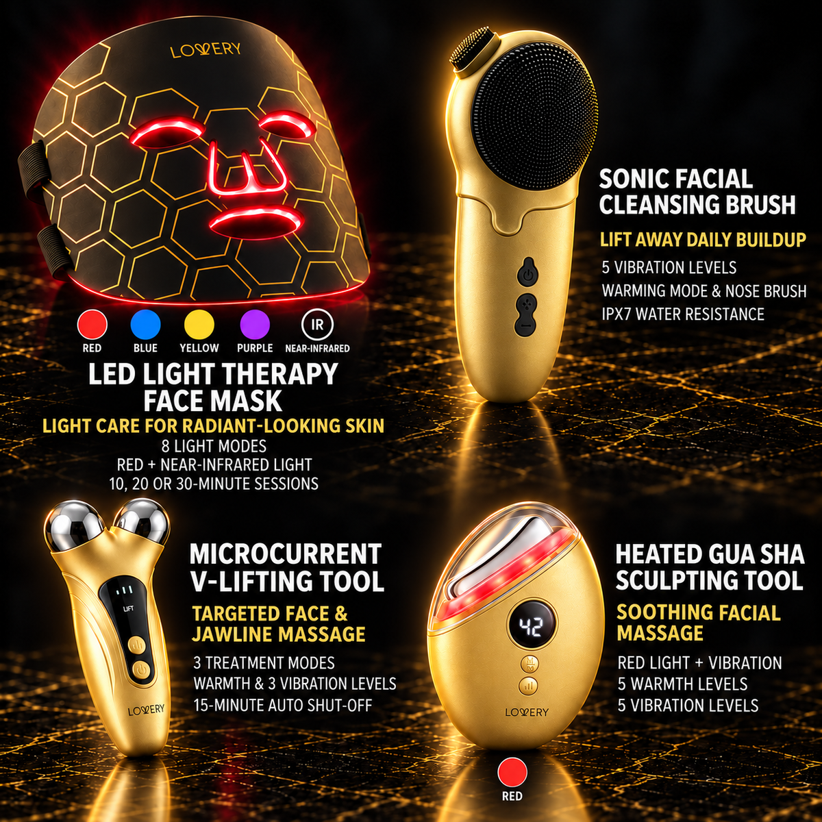 24K Gold 12pc LED Red Light Therapy, EMS & Microcurrent Skincare Tools Tech Device Luxury Gift Set - Face Mask, Heated Gua Sha, Sculptor, Serum & More