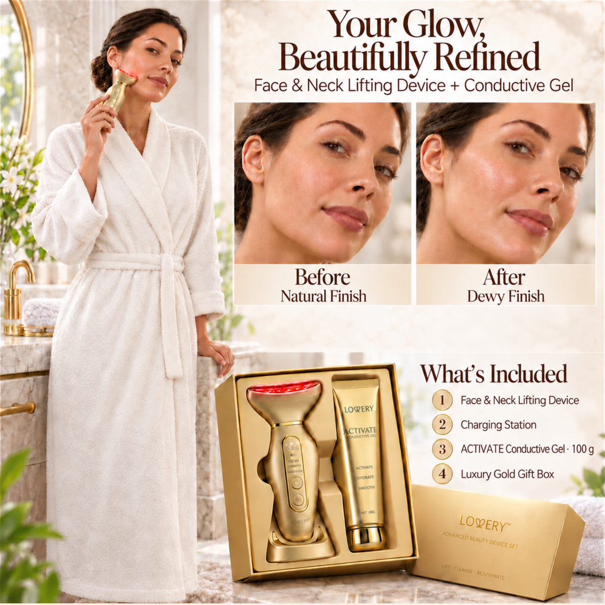 24K Gold 4-in-1 Face & Neck Lifting Device with Red Light Therapy & EMS Microcurrent: LED Anti-Wrinkle Skin Tightening Massager with Activator Gel