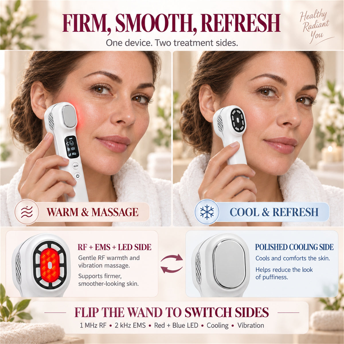 6-in-1 Proffesional RF Collagen Facial Skincare Device with Red & Blue LED Light Therapy, EMS, Cooling & Vibration Massage – Face Lift & Firming Wand