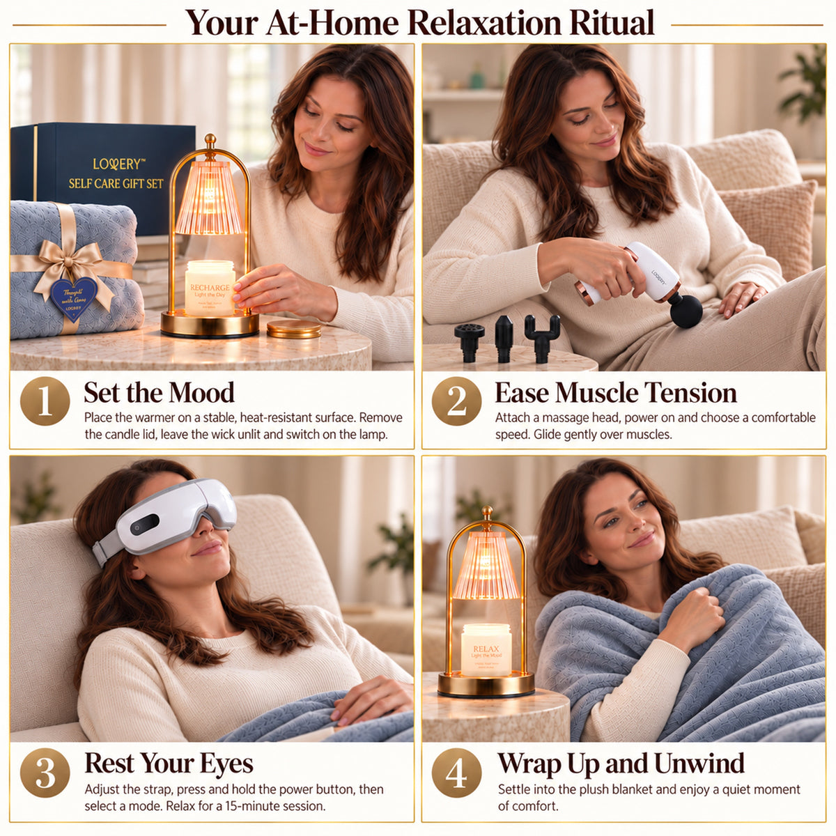 Luxury Self Care Gift Set for Women with Candle Warmer Lamp, 2 Soy Candles, Eye Massager, Massage Gun & Plush Blanket - 11Pc Relaxation Spa Gift Box