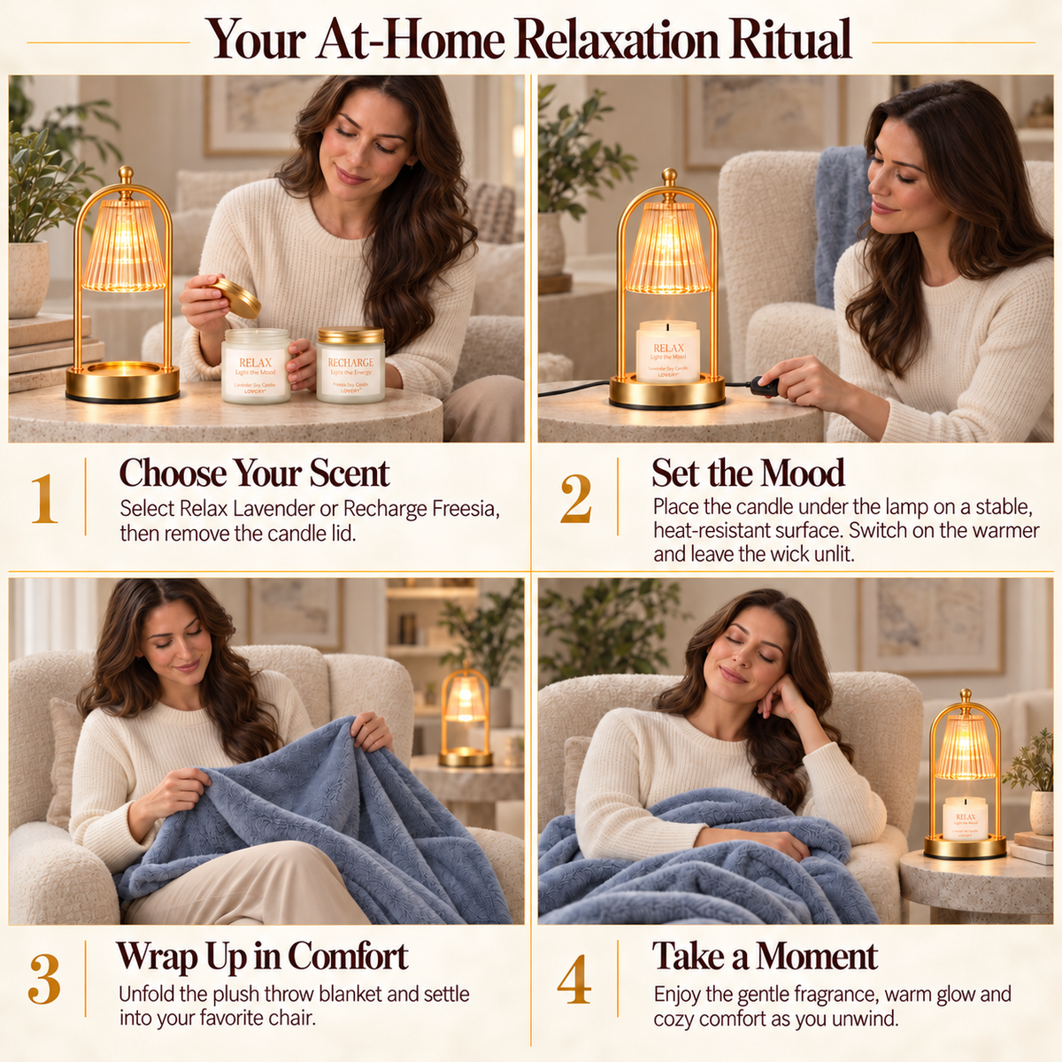 Luxury Self Care Gift Set for Women with Candle Warmer Lamp, 2 Lavender and Freesia Soy Candles & Plush Throw Blanket - Relaxation Spa Gift Box