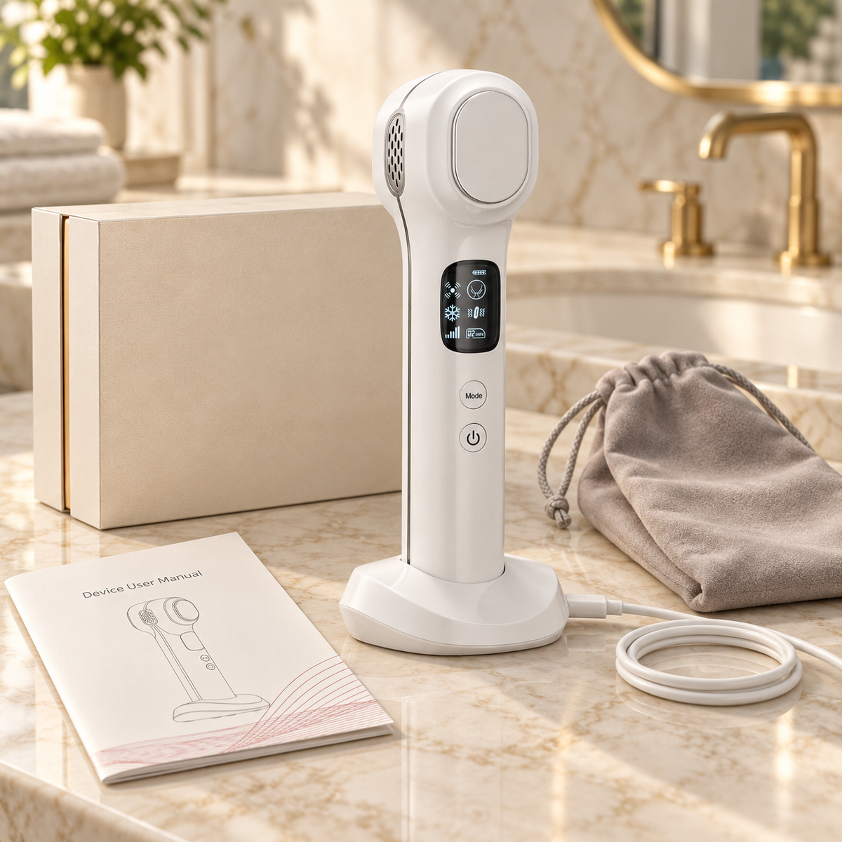 6-in-1 Proffesional RF Collagen Facial Skincare Device with Red & Blue LED Light Therapy, EMS, Cooling & Vibration Massage – Face Lift & Firming Wand