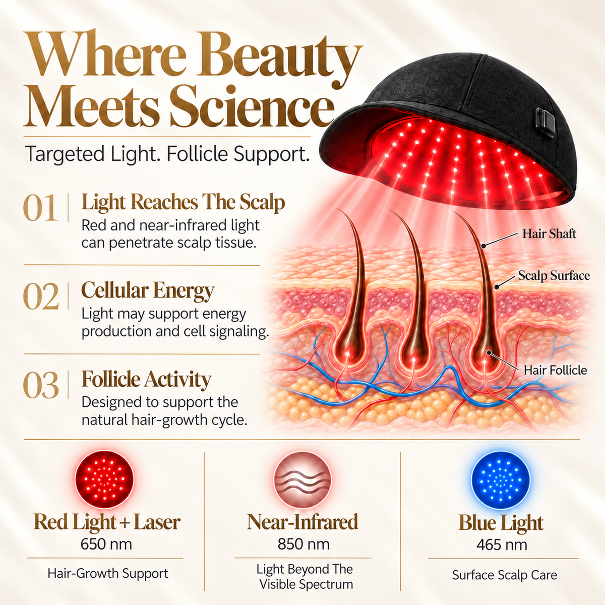Laser Cap LED Red & Blue Light Therapy Hat for Hair Growth - Near-Infrared 850nm & 465nm, Cordless Hair Growth Deivce for Women & Men Hair Scalp Care