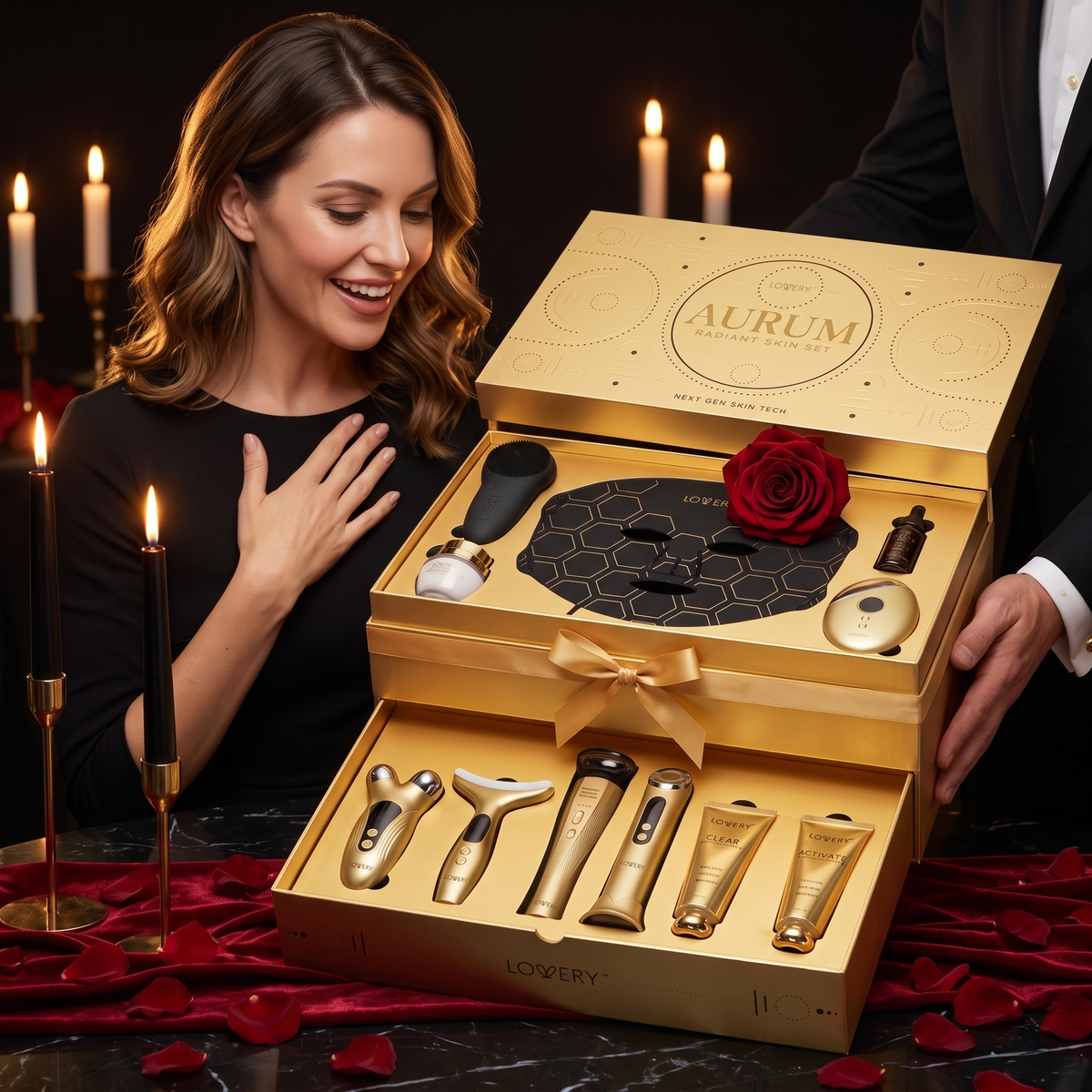 24K Gold 12pc LED Red Light Therapy, EMS & Microcurrent Skincare Tools Tech Device Luxury Gift Set - Face Mask, Heated Gua Sha, Sculptor, Serum & More