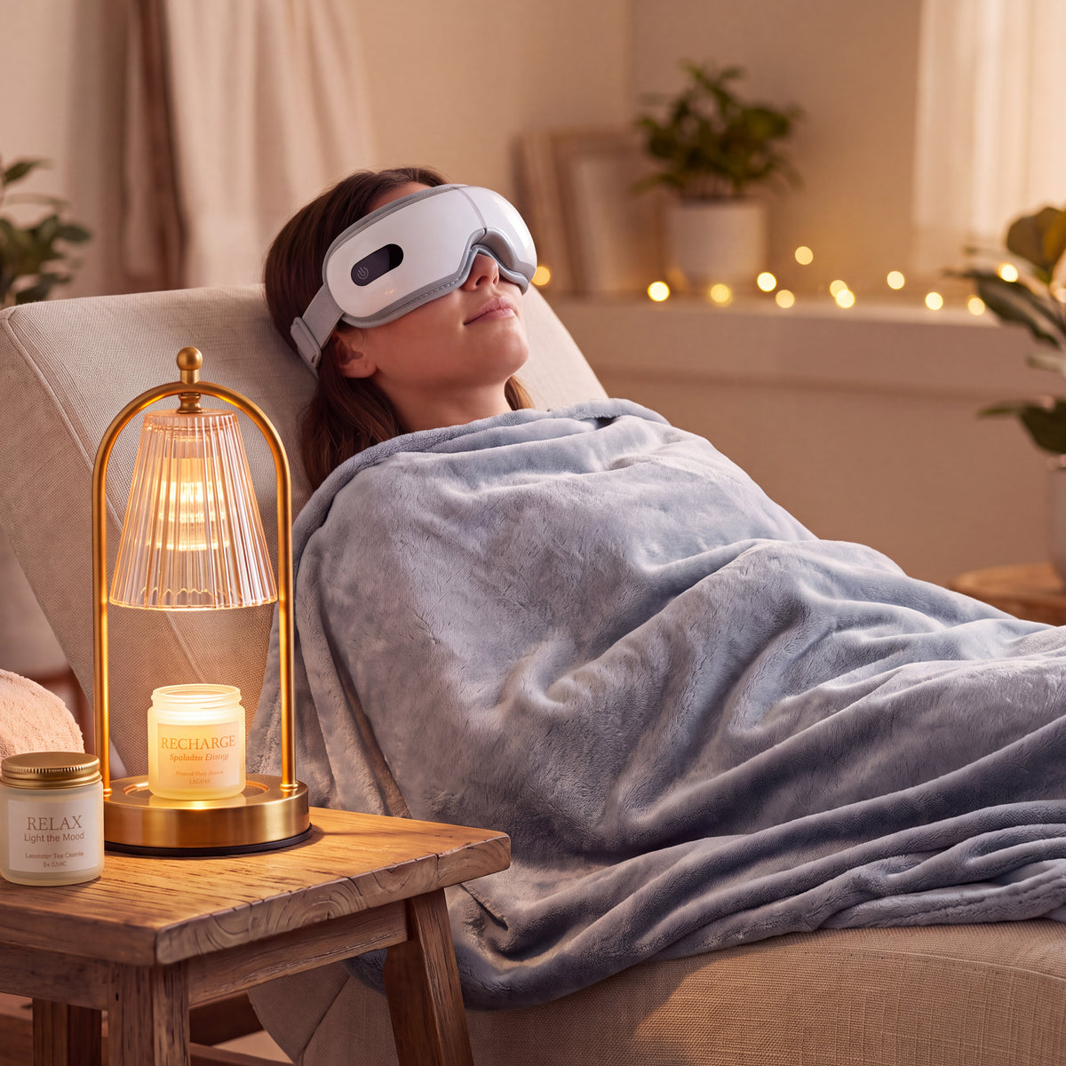 Luxury Self Care Gift Set for Women with Candle Warmer Lamp, 2 Soy Candles, Eye Massager, Massage Gun & Plush Blanket - 11Pc Relaxation Spa Gift Box
