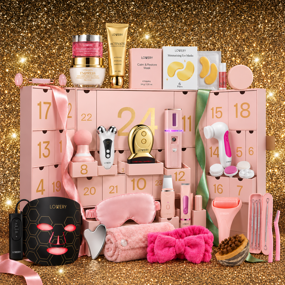 Limited-Edition Advent Calendar 2026 Skincare & Beauty Luxury Gift Set, 24pc Body Care Gift for Women with Red Light Therapy Mask, Massage Gun & More