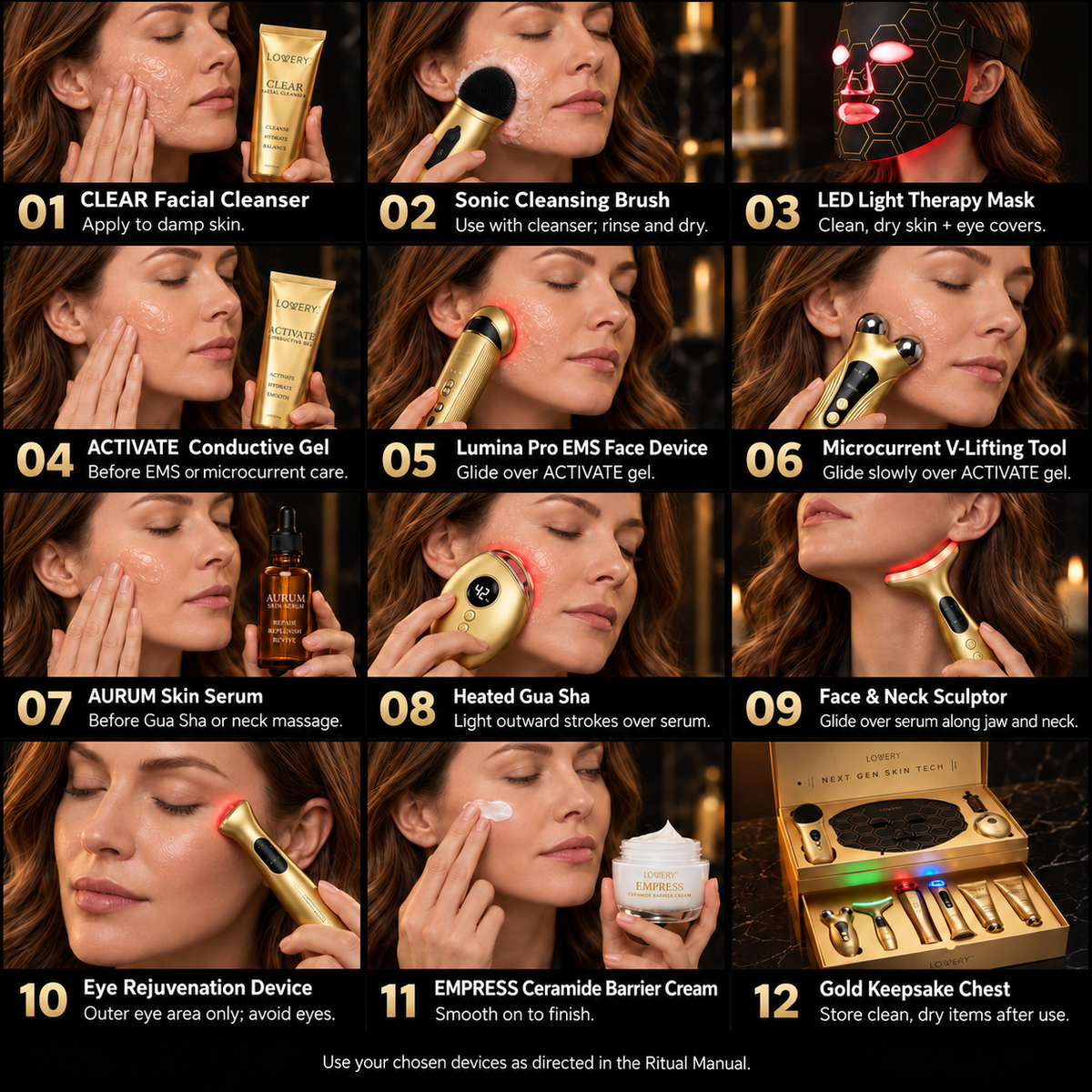 24K Gold 12pc LED Red Light Therapy, EMS & Microcurrent Skincare Tools Tech Device Luxury Gift Set - Face Mask, Heated Gua Sha, Sculptor, Serum & More