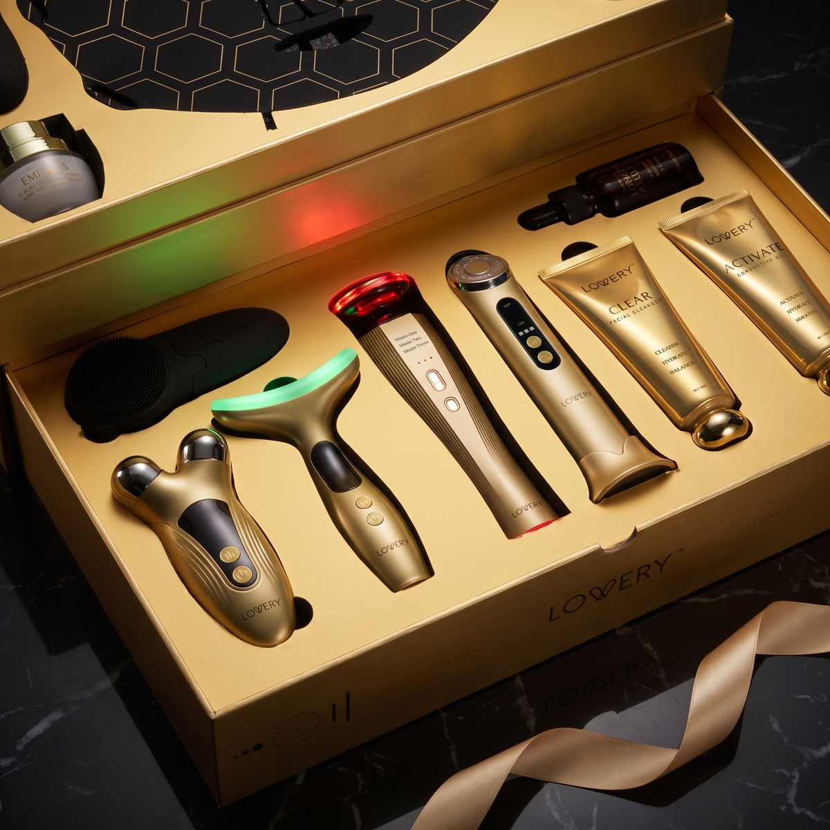 24K Gold 12pc LED Red Light Therapy, EMS & Microcurrent Skincare Tools Tech Device Luxury Gift Set - Face Mask, Heated Gua Sha, Sculptor, Serum & More