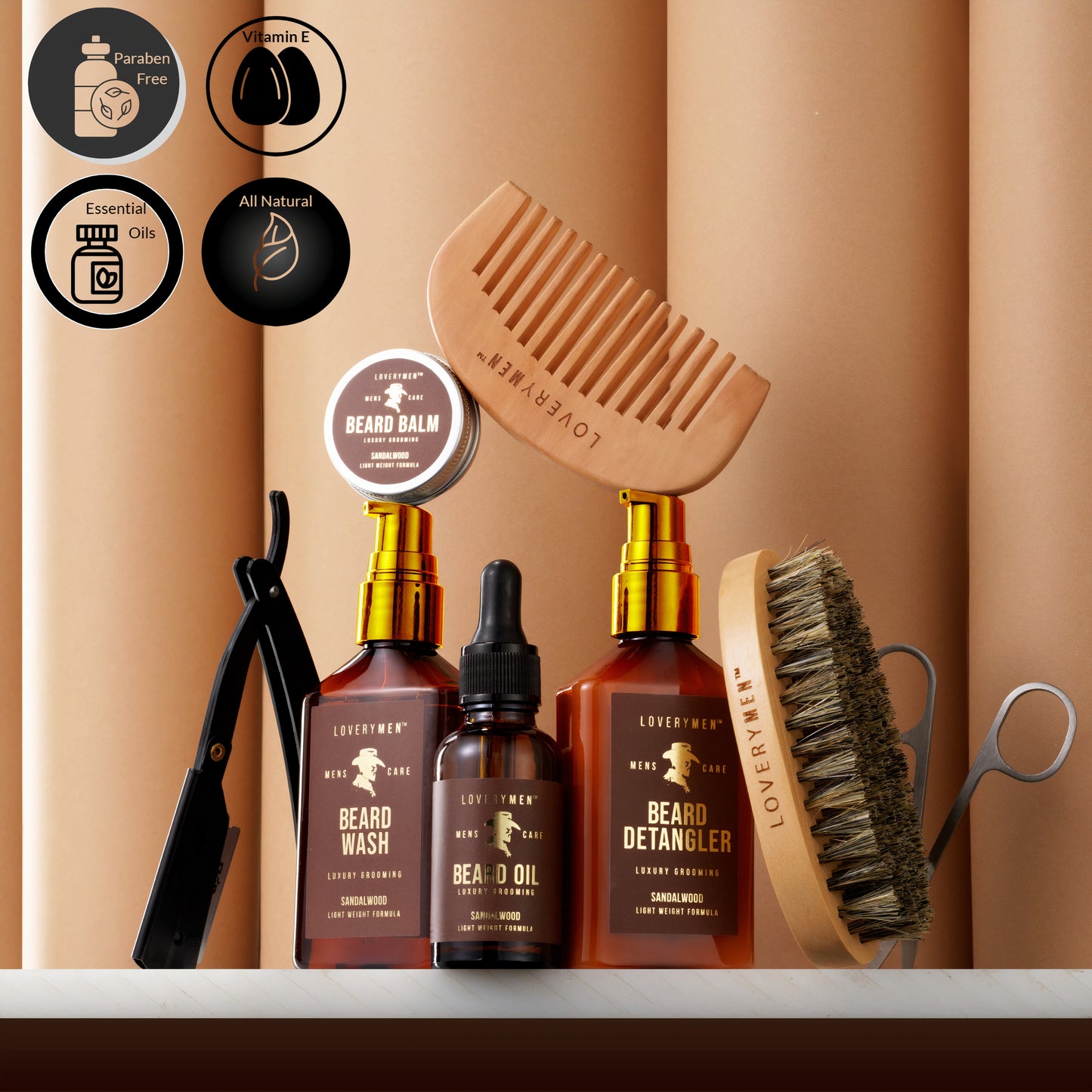 LoveryMEN Beard Care Kit - 11Pc Sandalwood Scented Grooming Kit