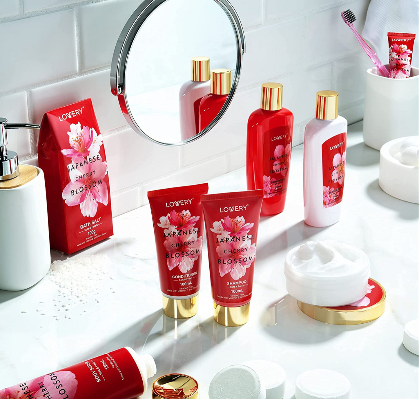 Japanese Cherry Blossom Bath Set - 28Pc Deluxe Body Care Tote Kit